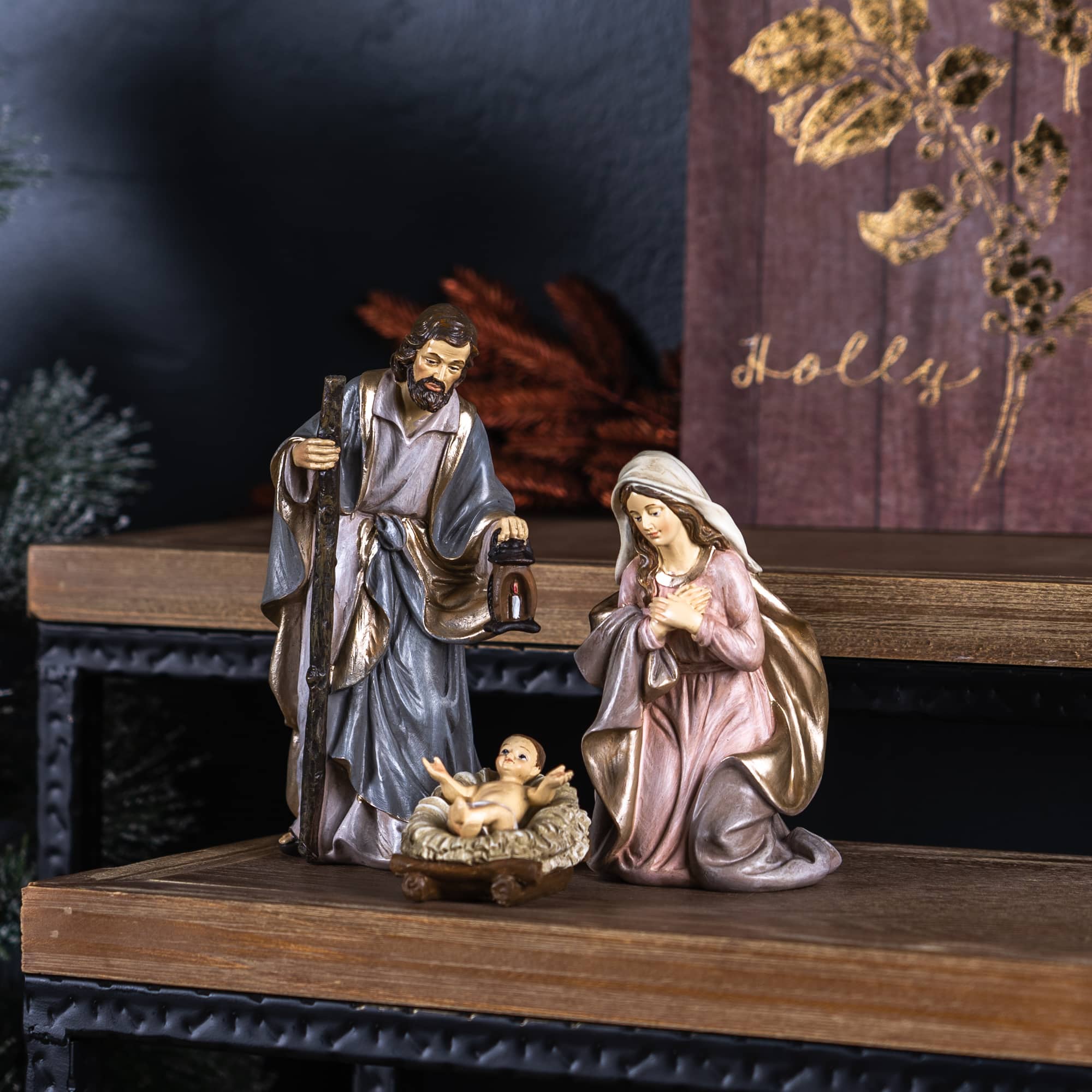 Gold Finished Holy Family Nativity Figurines Set