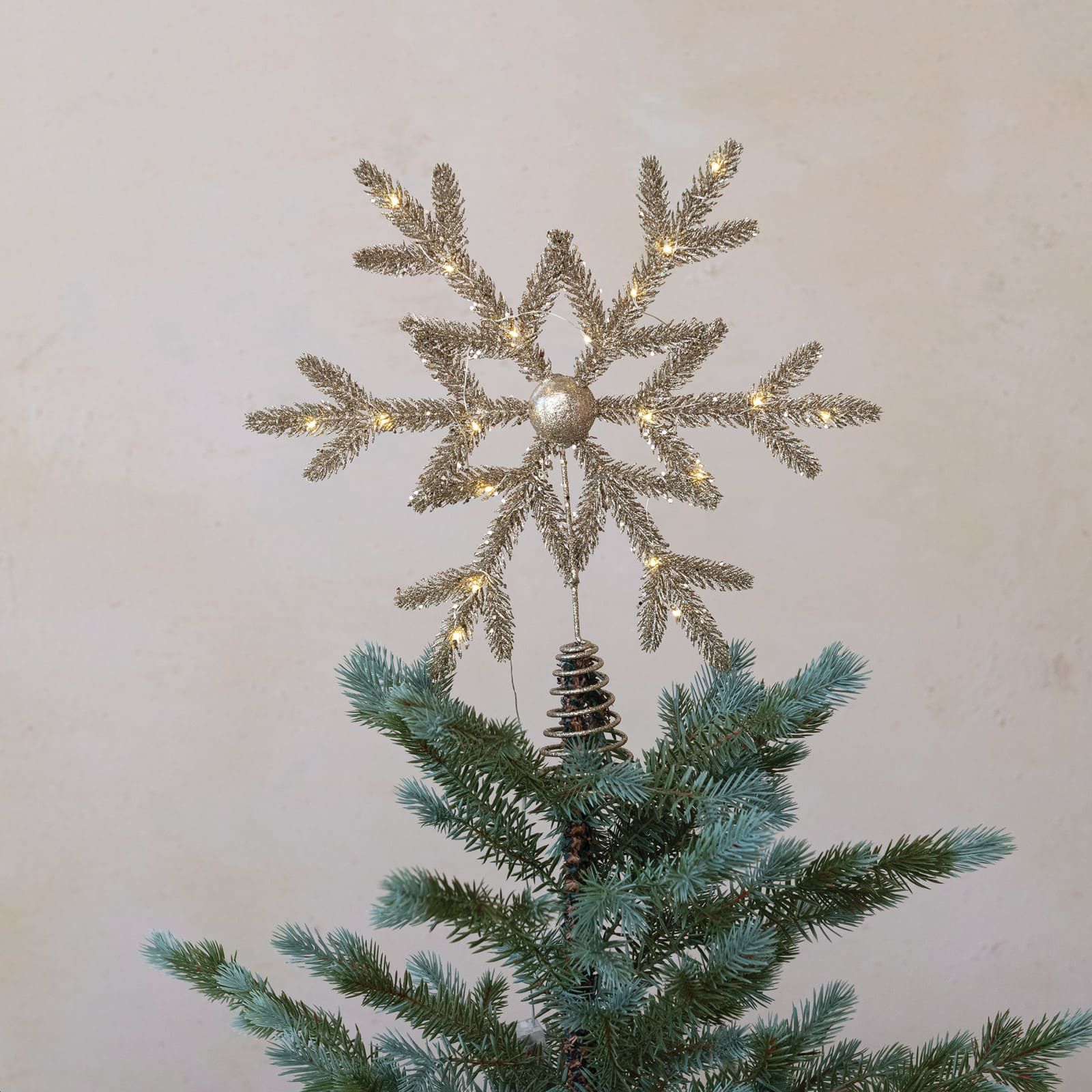 14&#x22; Champagne Plastic &#x26; Metal LED Snowflake Tree Topper with Glitter