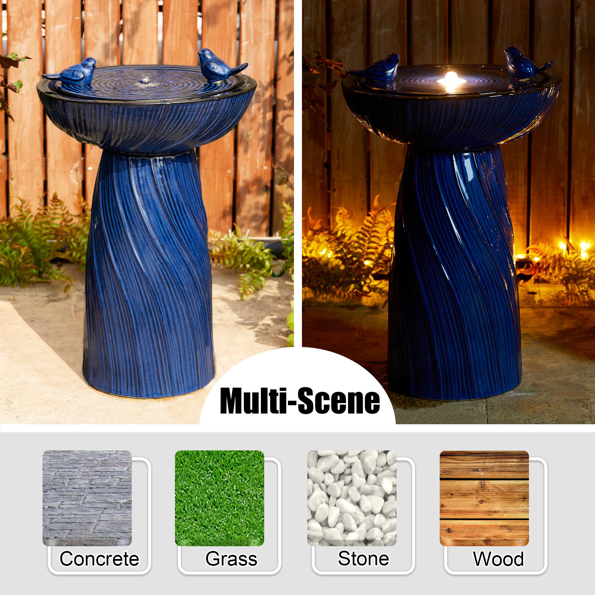 Glitzhome&#xAE; 24.75&#x22; LED Cobalt Blue Twist Ceramic Birdbath Outdoor Floor Fountain