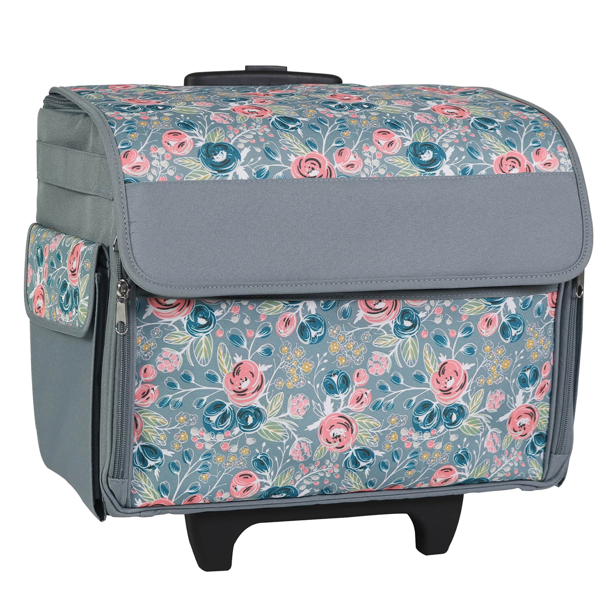 Everything Mary Collapsible Teal Floral Print Rolling Sewing Machine Tote, Michaels
