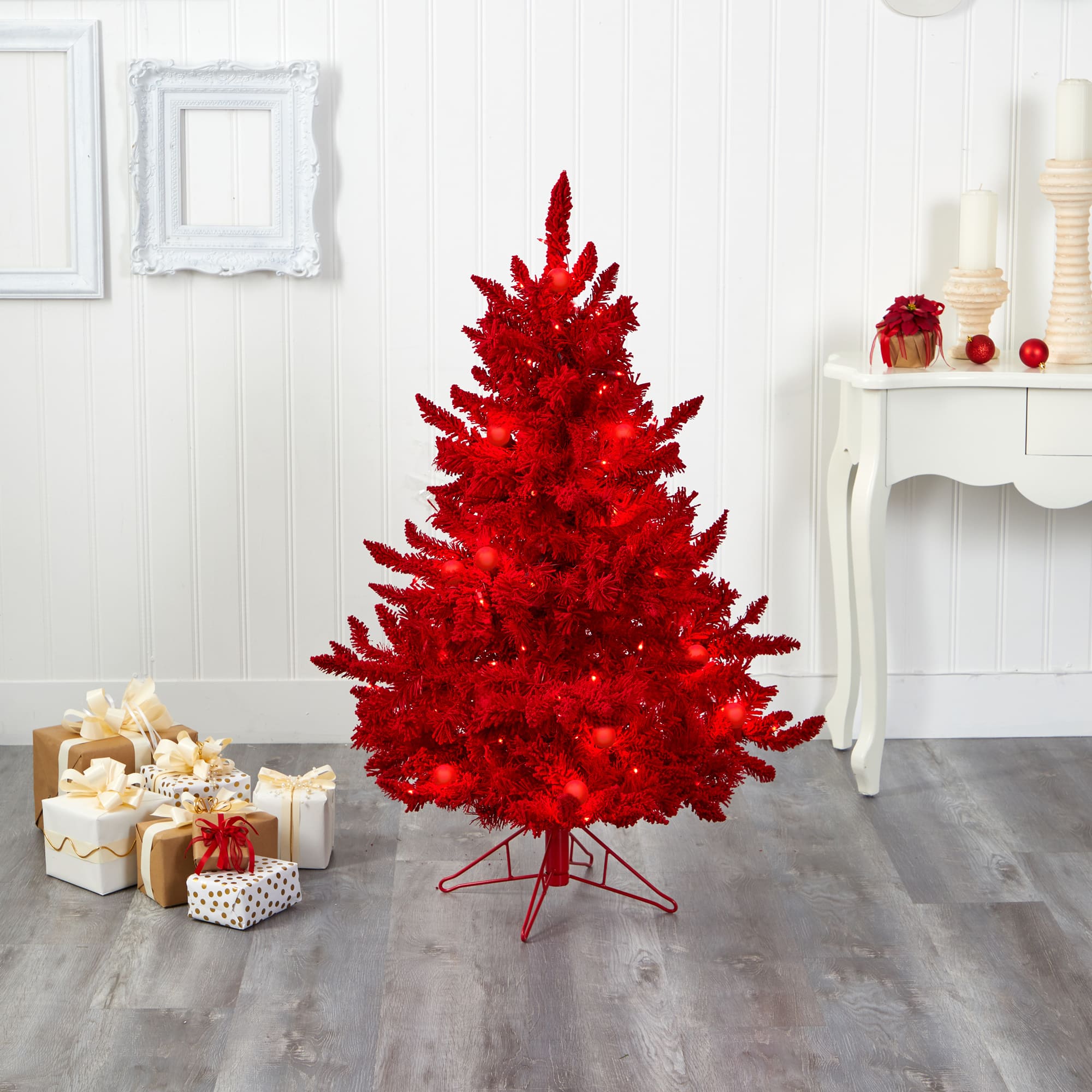 4ft. Pre-Lit Red Flocked Fraser Fir Artificial Christmas Tree with Red Lights