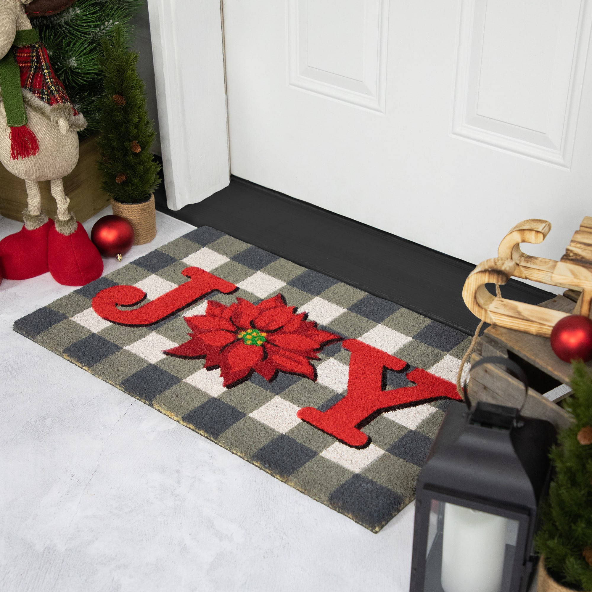 Gray and Red Poinsettia &#x22;Joy&#x22; Christmas Natural Coir Outdoor Doormat 18&#x22; x 30&#x22;