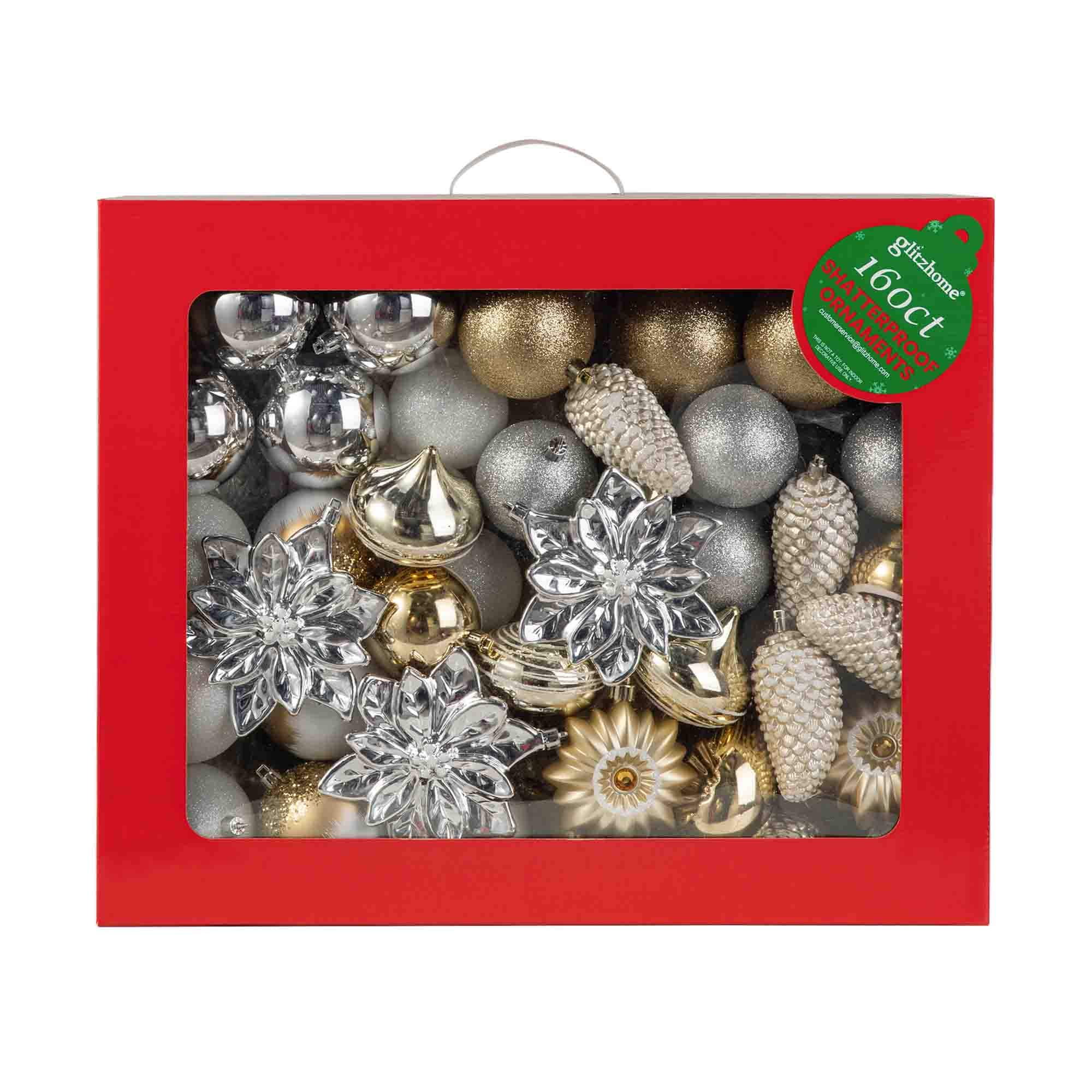 Glitzhome® Elegant Silver & Gold Shatterproof Ornaments, Pinecone Picks & Ribbon Bow Set