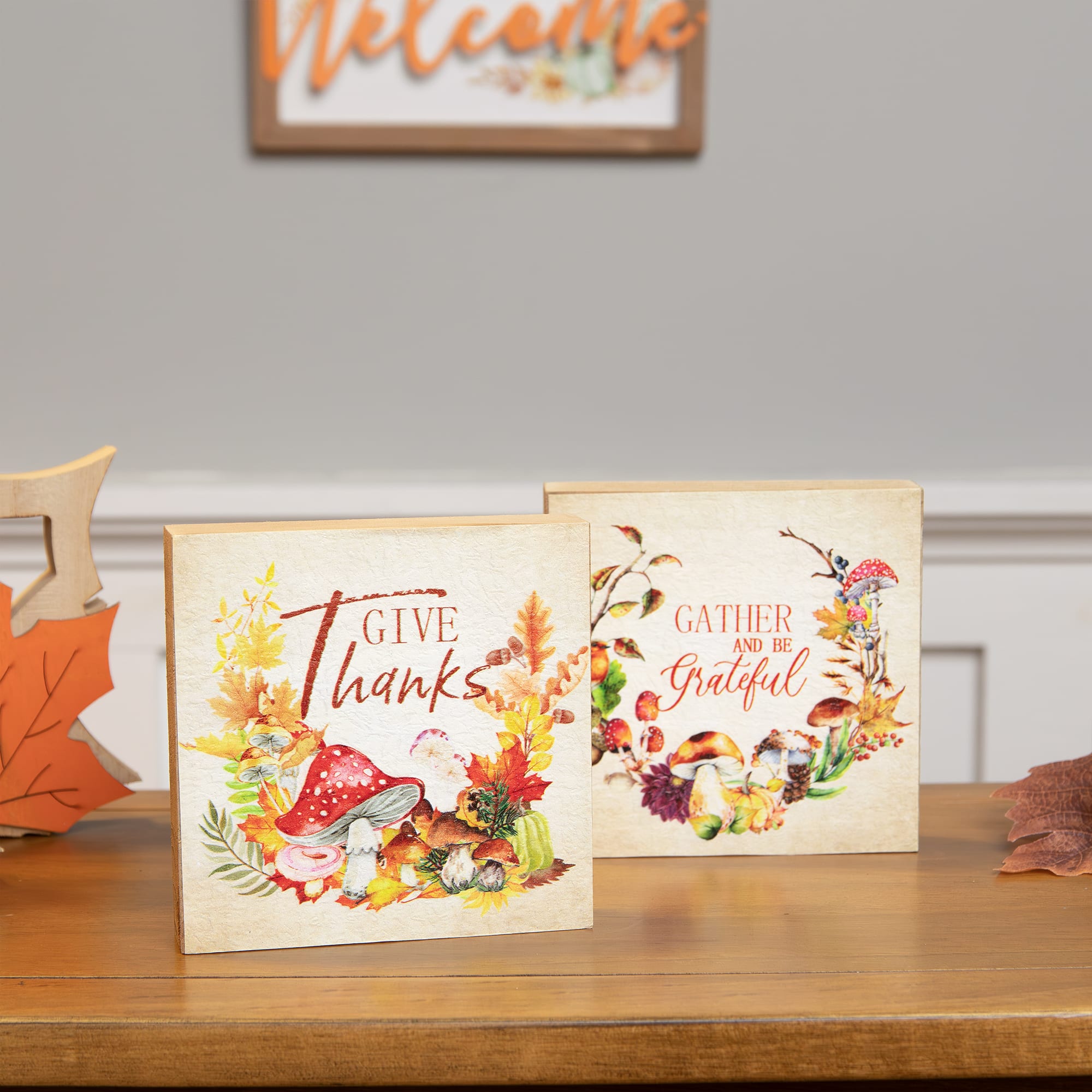 Give Thanks and Be Grateful Fall Harvest Signs - 4.75" - Set of 2