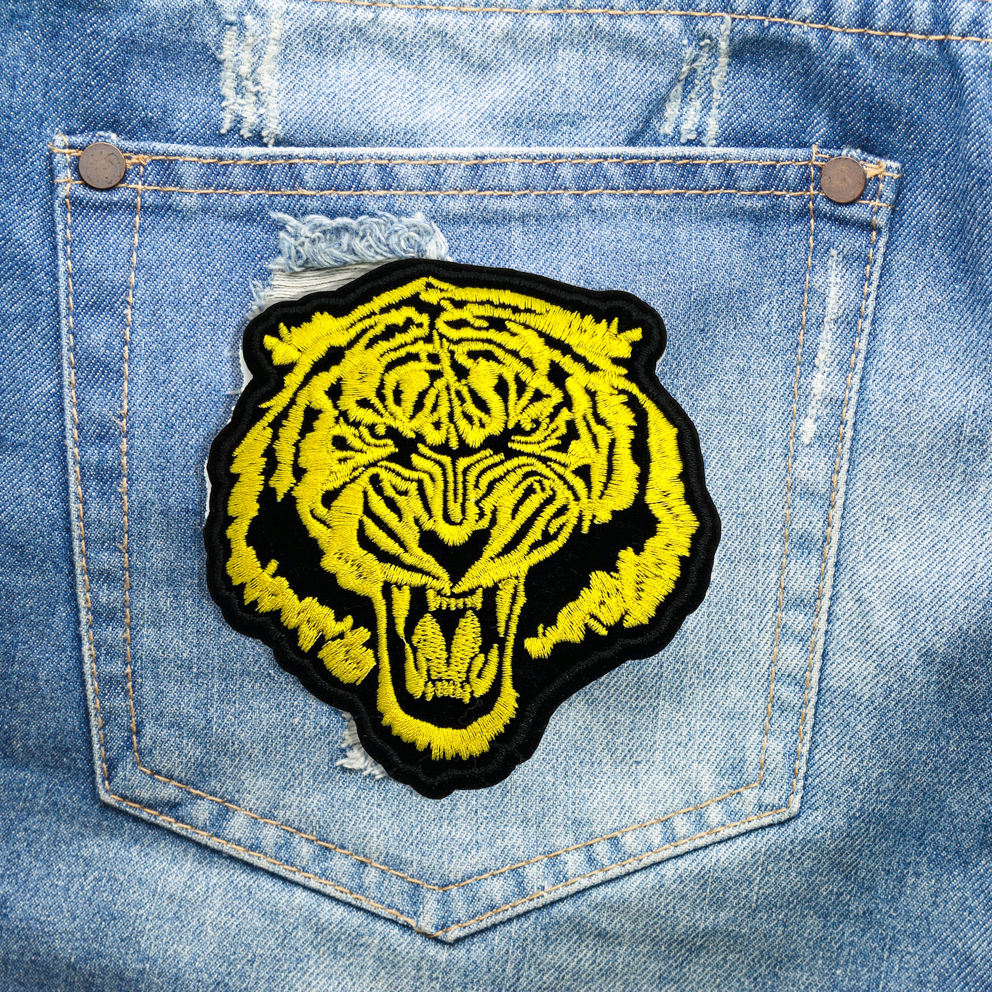 Gwen Studios Black and Yellow Fighting Tiger Embroidered Iron-On Patch  Applique, 4 x 3.75 