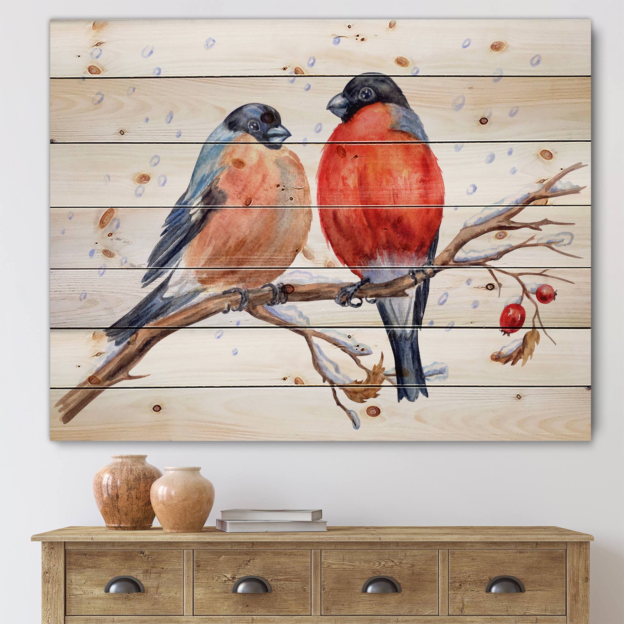 Designart - Two Bullfinches On A Hawthorn Branch with Snowfall - Traditional Print on Natural Pine Wood