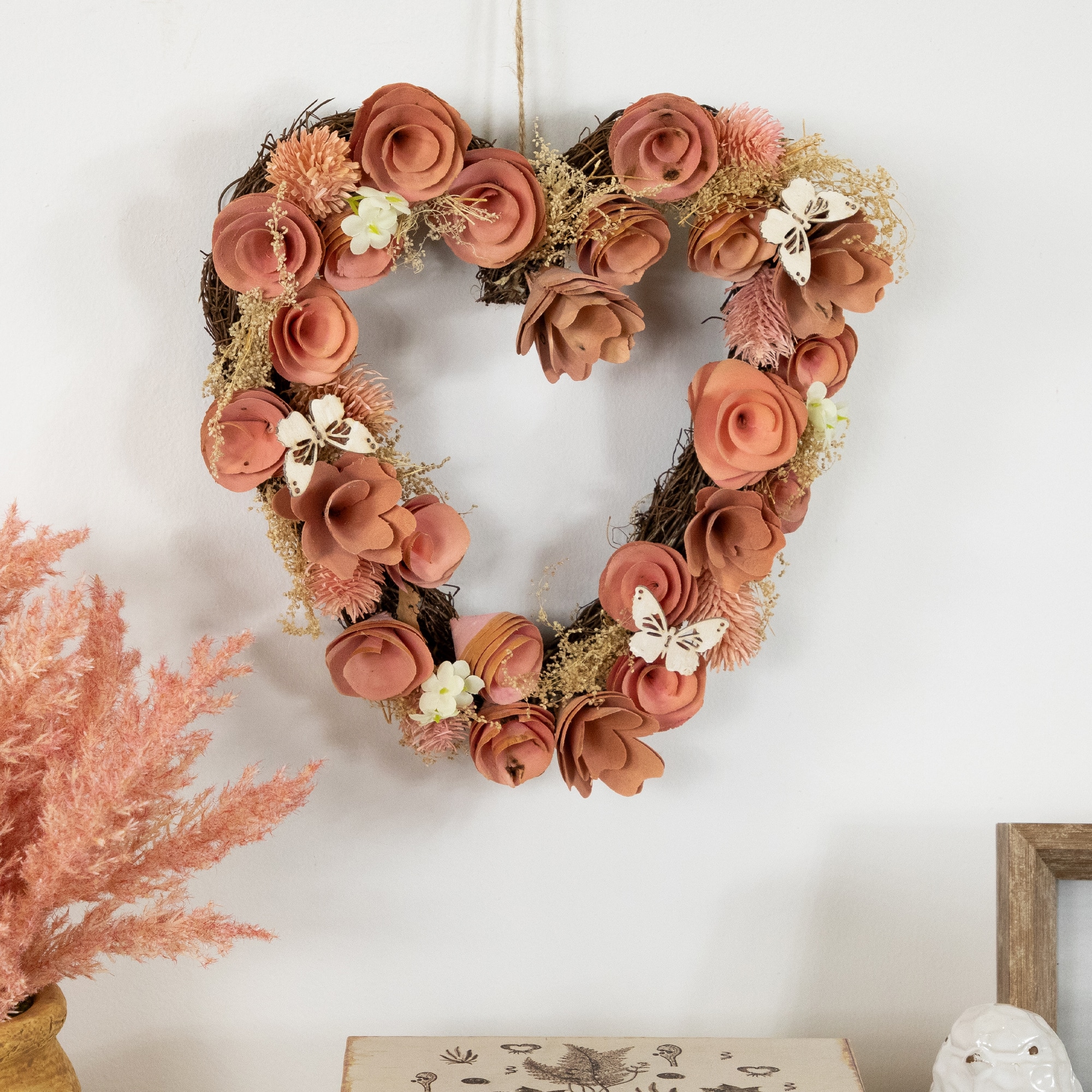 10&#x22; Pink Wooden Rose Heart Spring Wreath with Butterflies