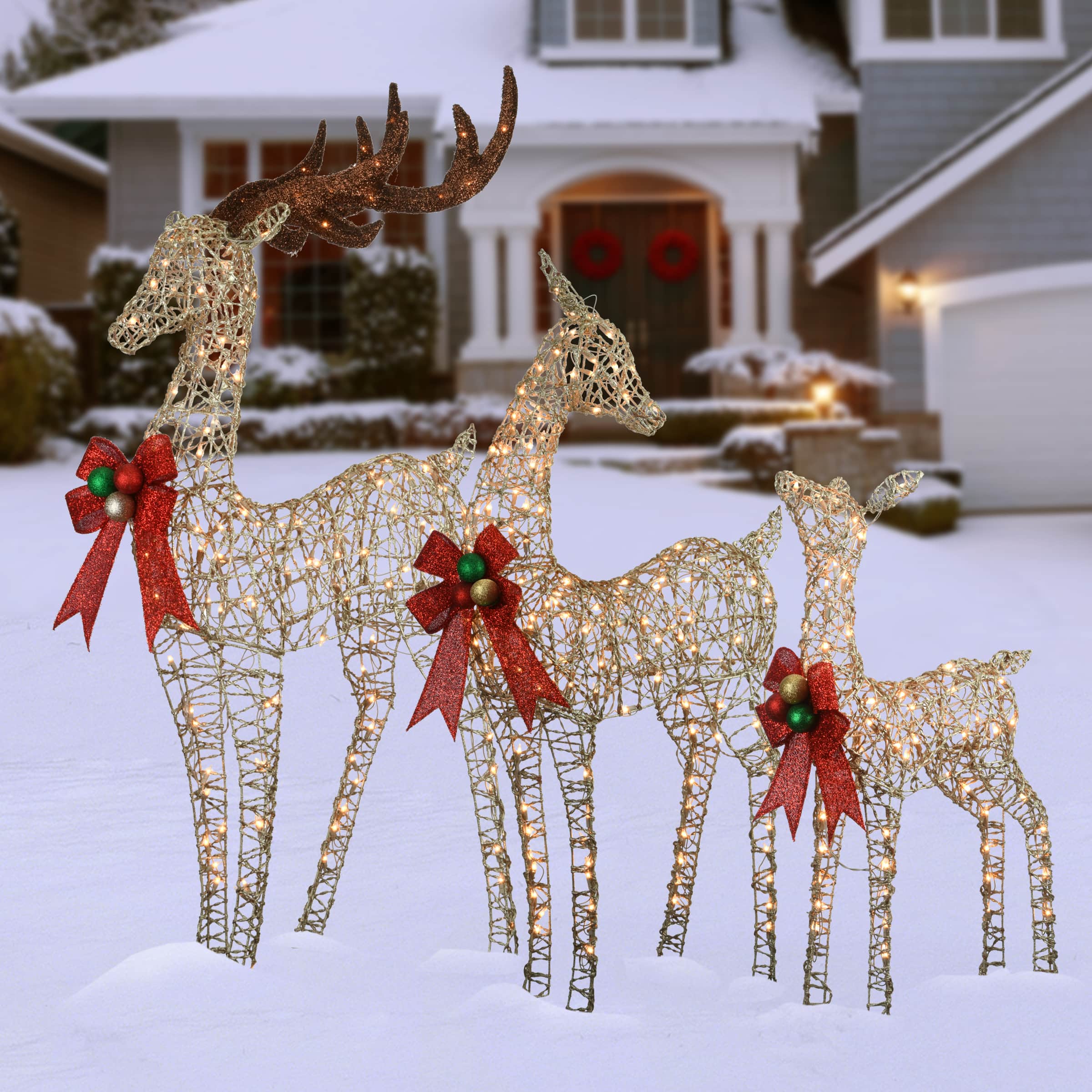 Champagne Glittered Deer Family of 3, Mini Clear Lights