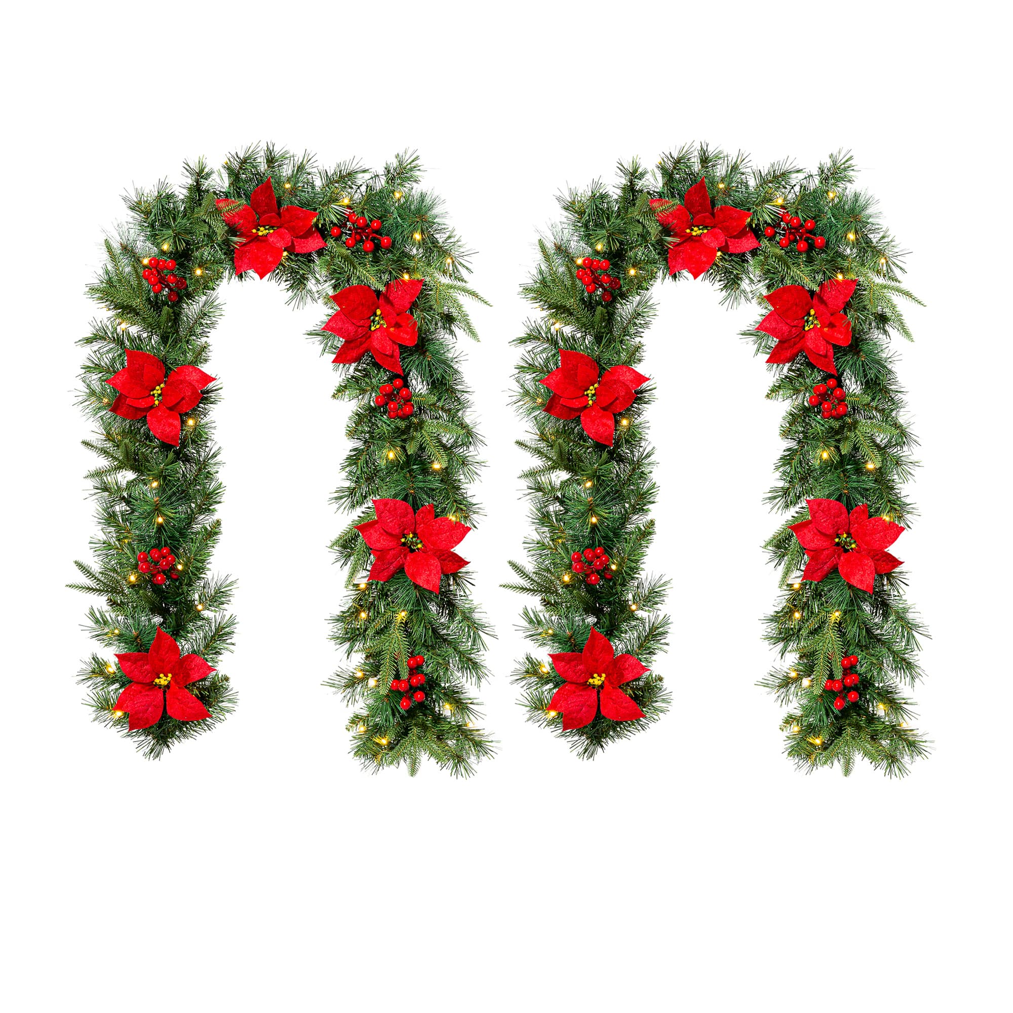 Glitzhome® 6ft. Pre-Lit Pine, Red Poinsettia & Berries Christmas Garlands with Timers, 2ct. D801075S