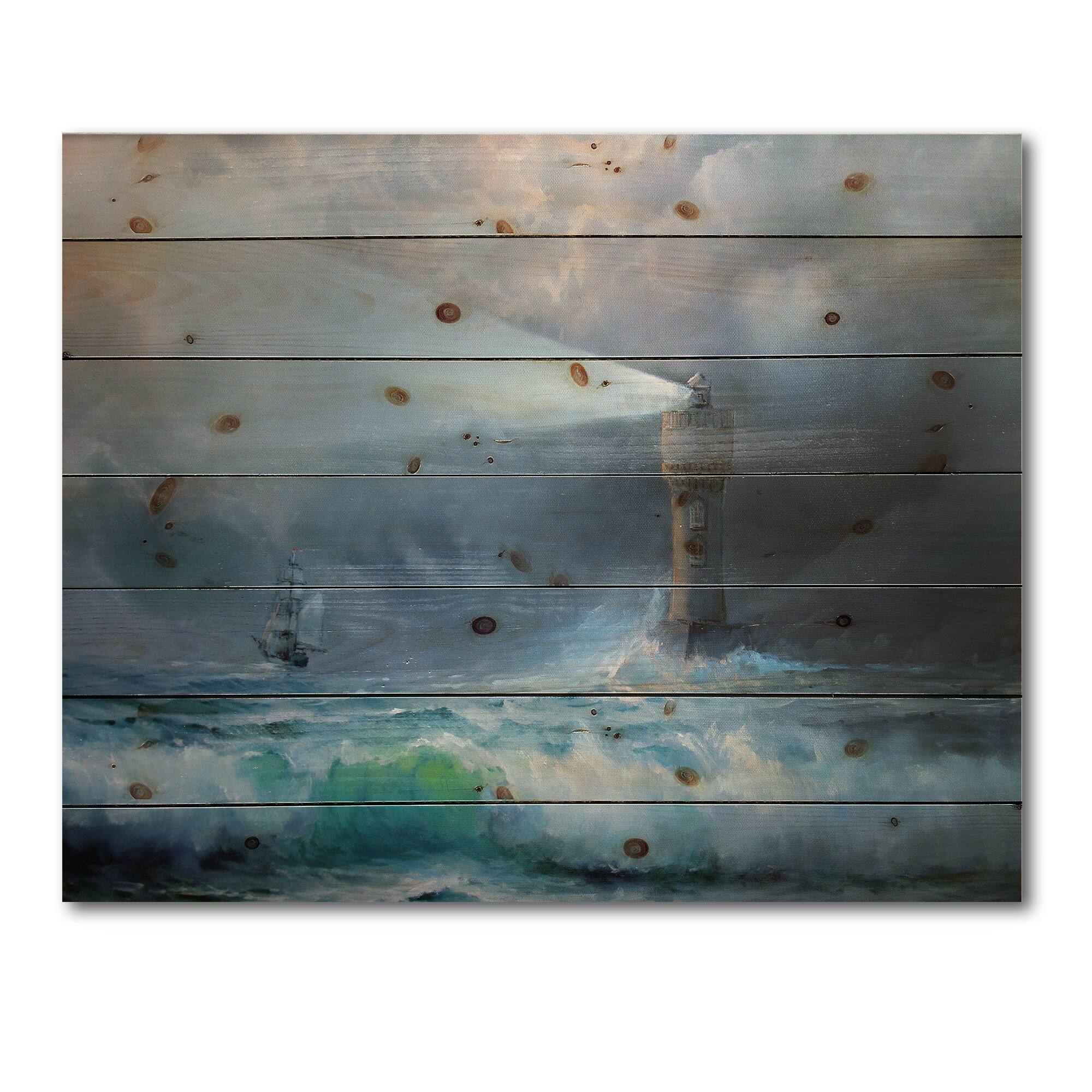 Designart - Lighthouse Shining Light During Stormy Night II - Nautical &#x26; Coastal Print on Natural Pine Wood