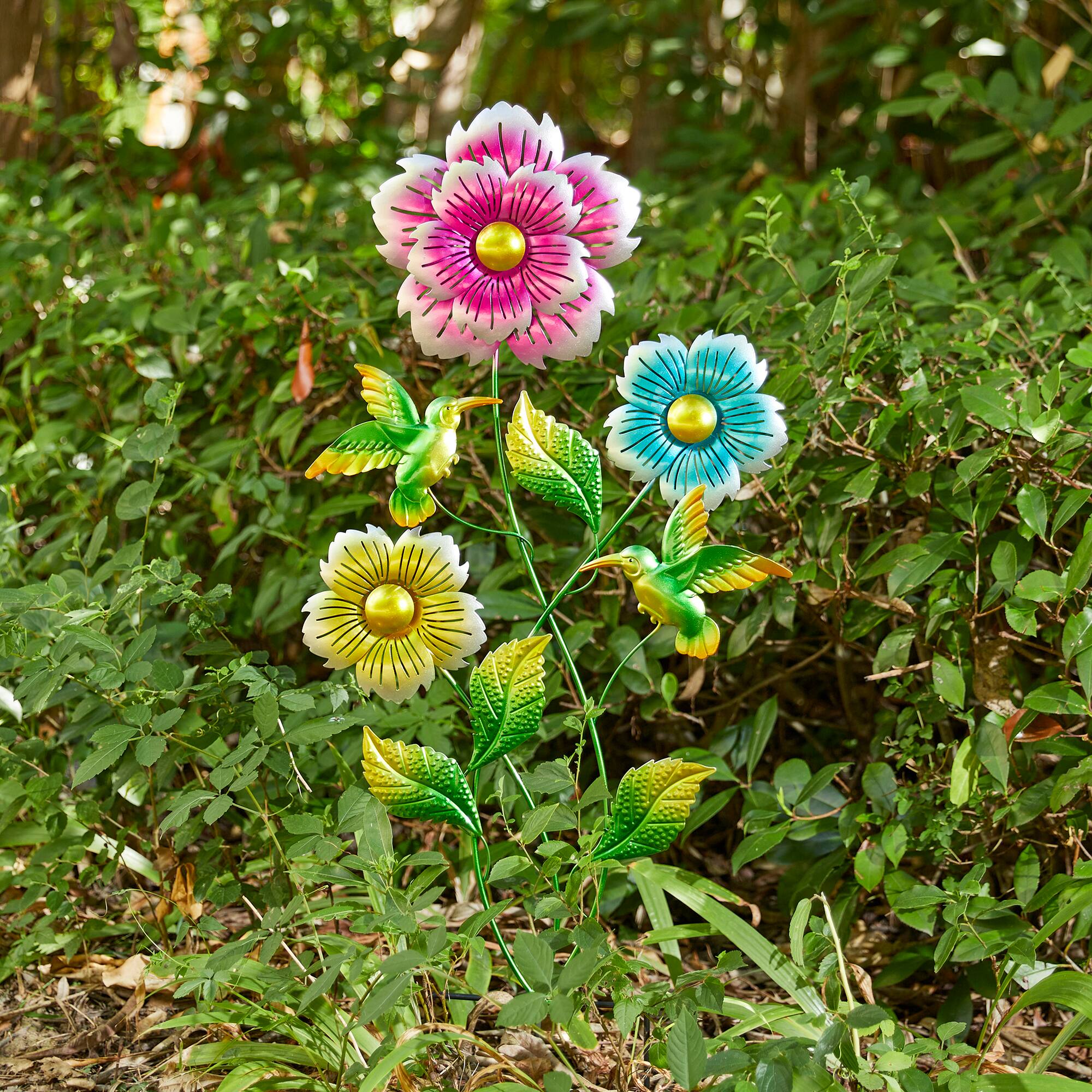 Glitzhome® 34" Flowers & Hummingbirds Garden Stake