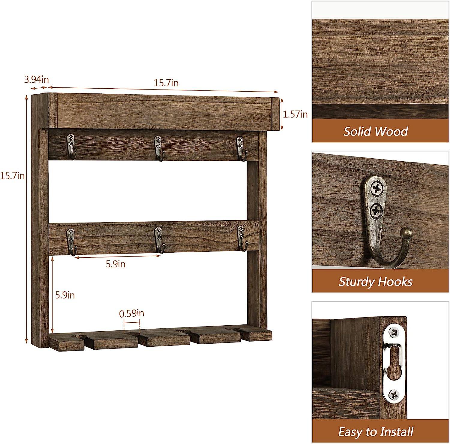 NEX™ 16" Rustic Brown Wood Wall-Mounted Coffee Mug Rack