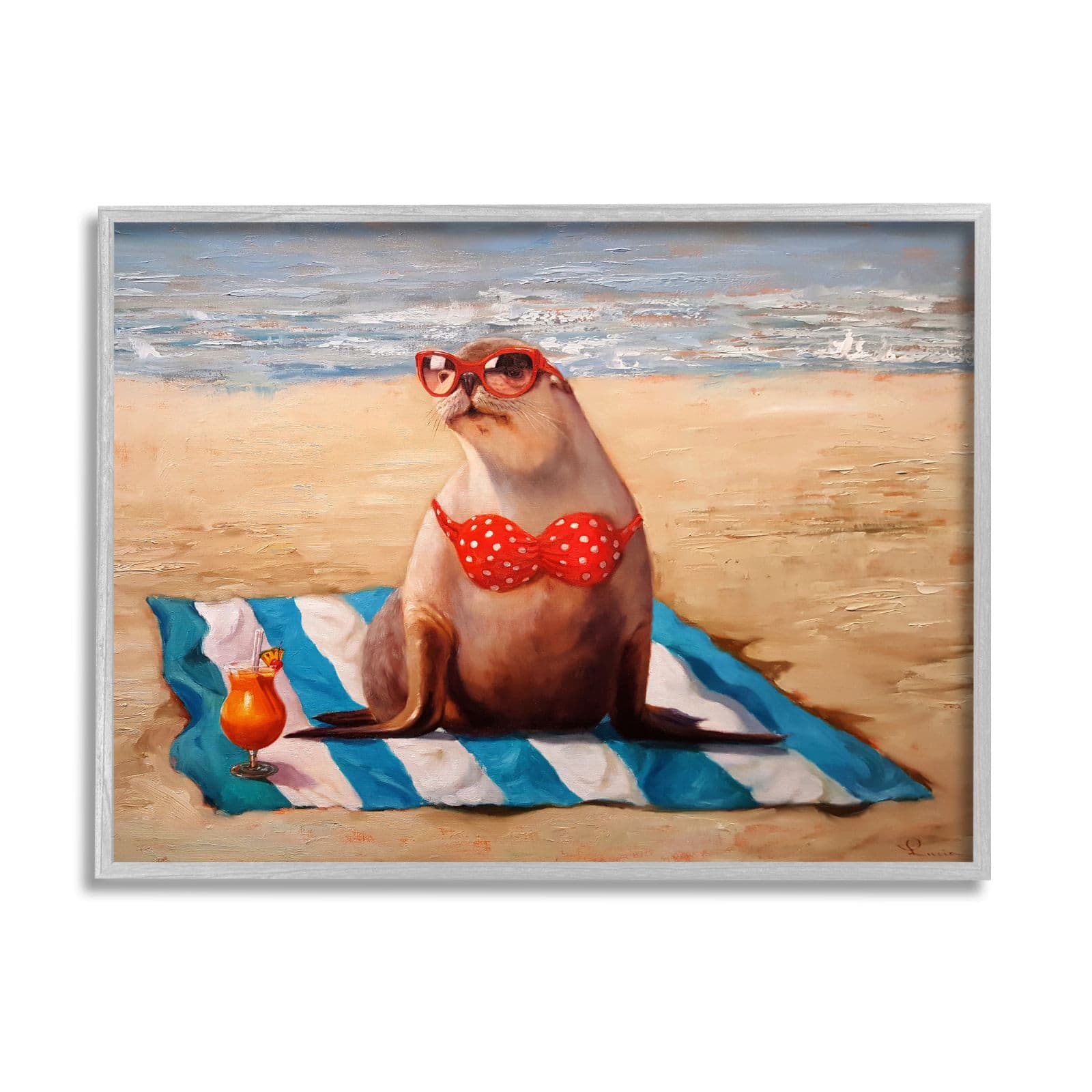 Stupell Industries Polka Dot Bikini Sea Lion Tropical Drink Beach Scene Framed Wall Art