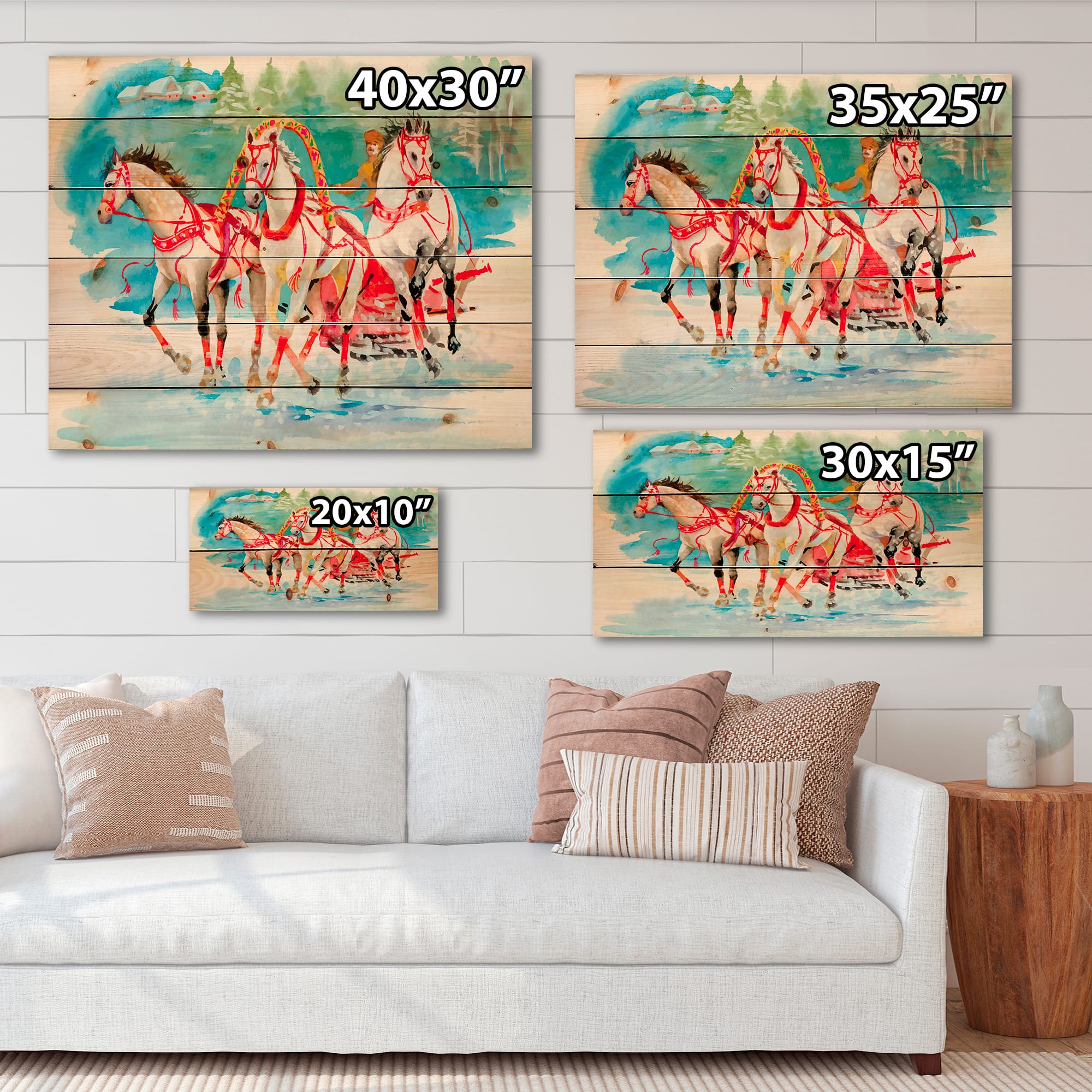 Designart - Galoping Horses With Carriage In The Snow - Farmhouse Print on Natural Pine Wood