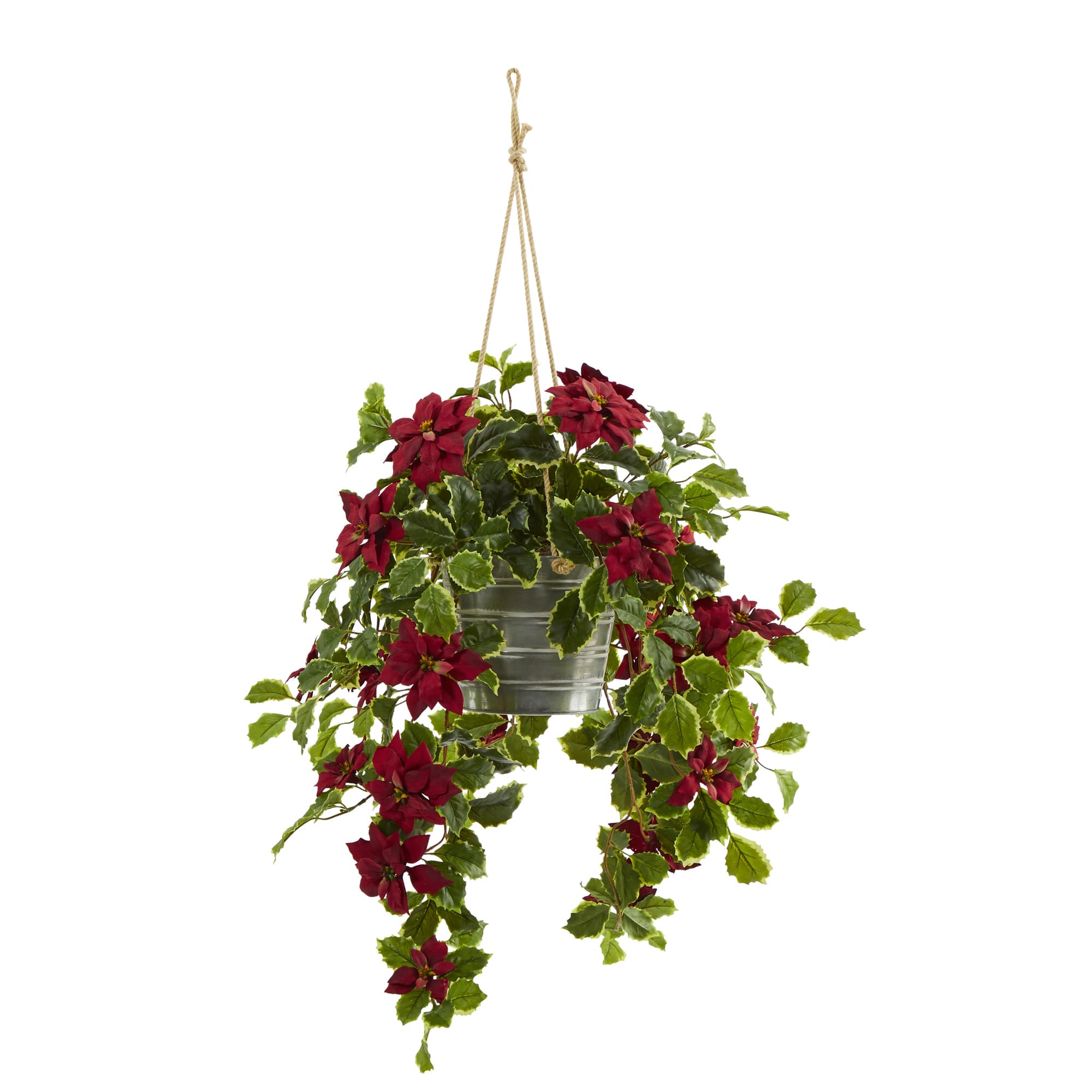 3.5ft. Real Touch Poinsettia and Variegated Holly Artificial Plant in Hanging Metal Bucket