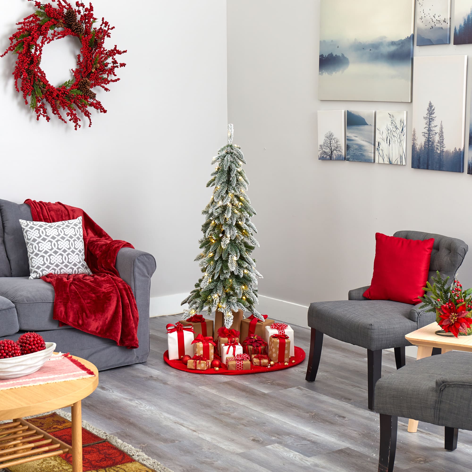 4.5ft. Pre-Lit Flocked Washington Alpine Artificial Christmas Tree, Warm White LED Lights