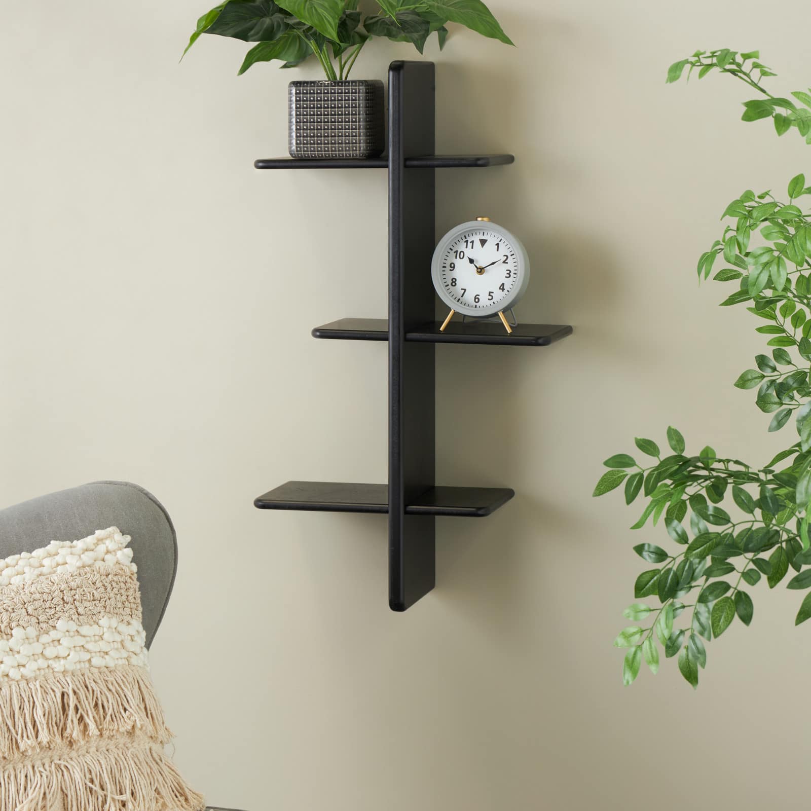 19" x 33" 6 Shelf Black Wood Handmade Wall Hanging Shelf