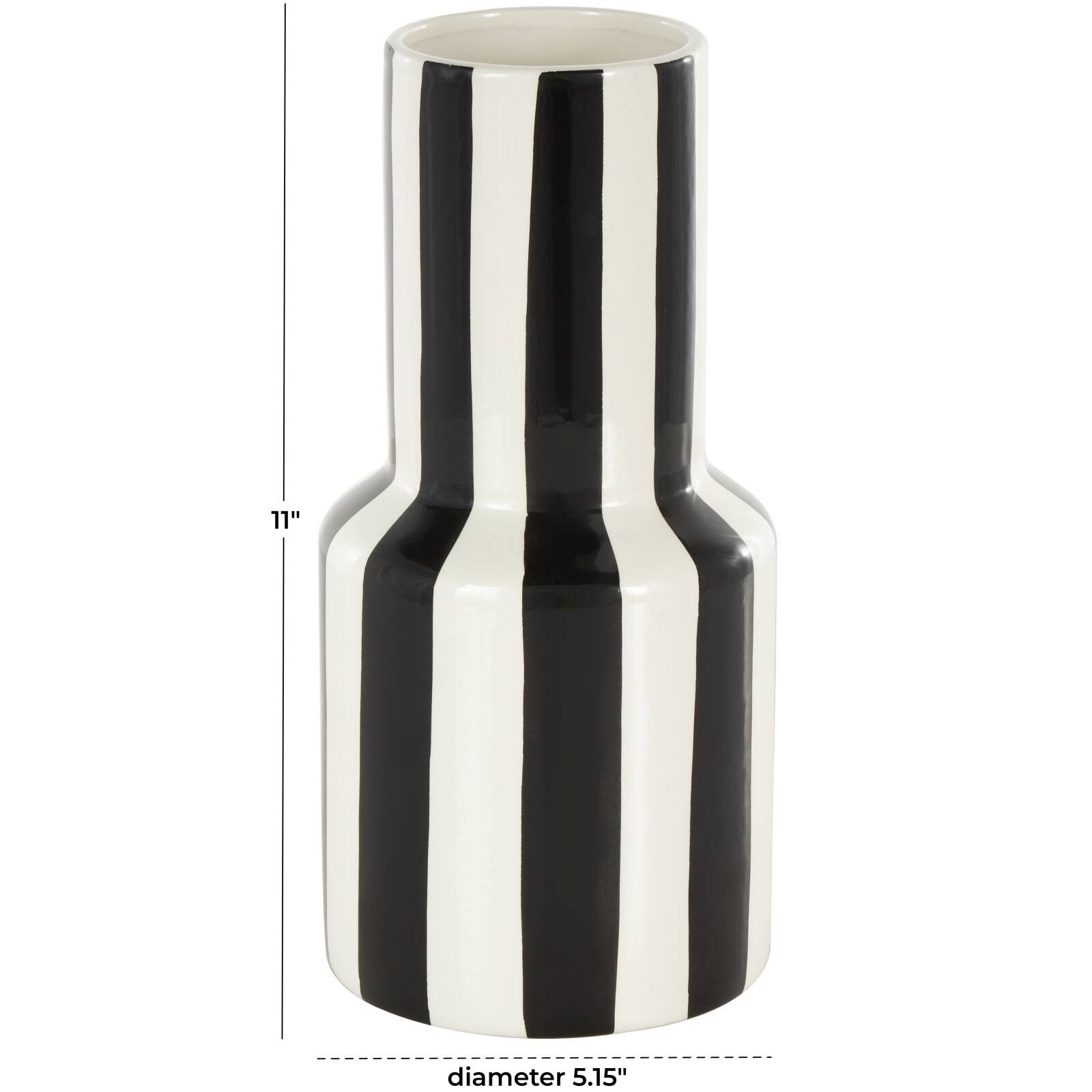 11" White & Black Stripes Round Wide Ceramic Vase