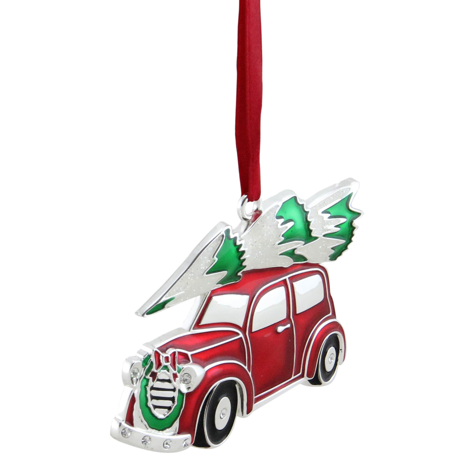 3&#x22; Red &#x26; White Car with Tree Christmas Ornament