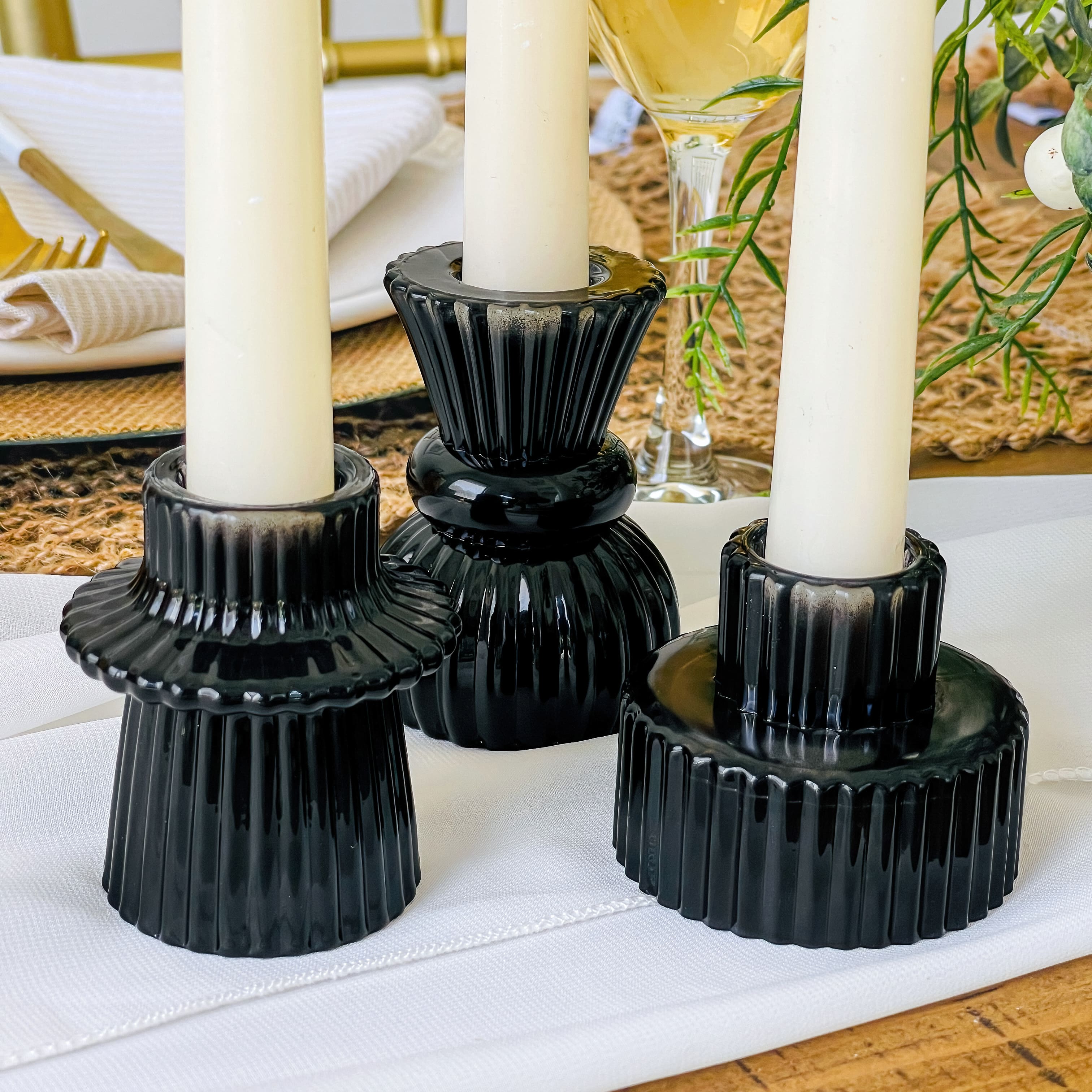 Kate Aspen® Assorted Vintage Ribbed Black Glass Candlestick Candle Holder Set