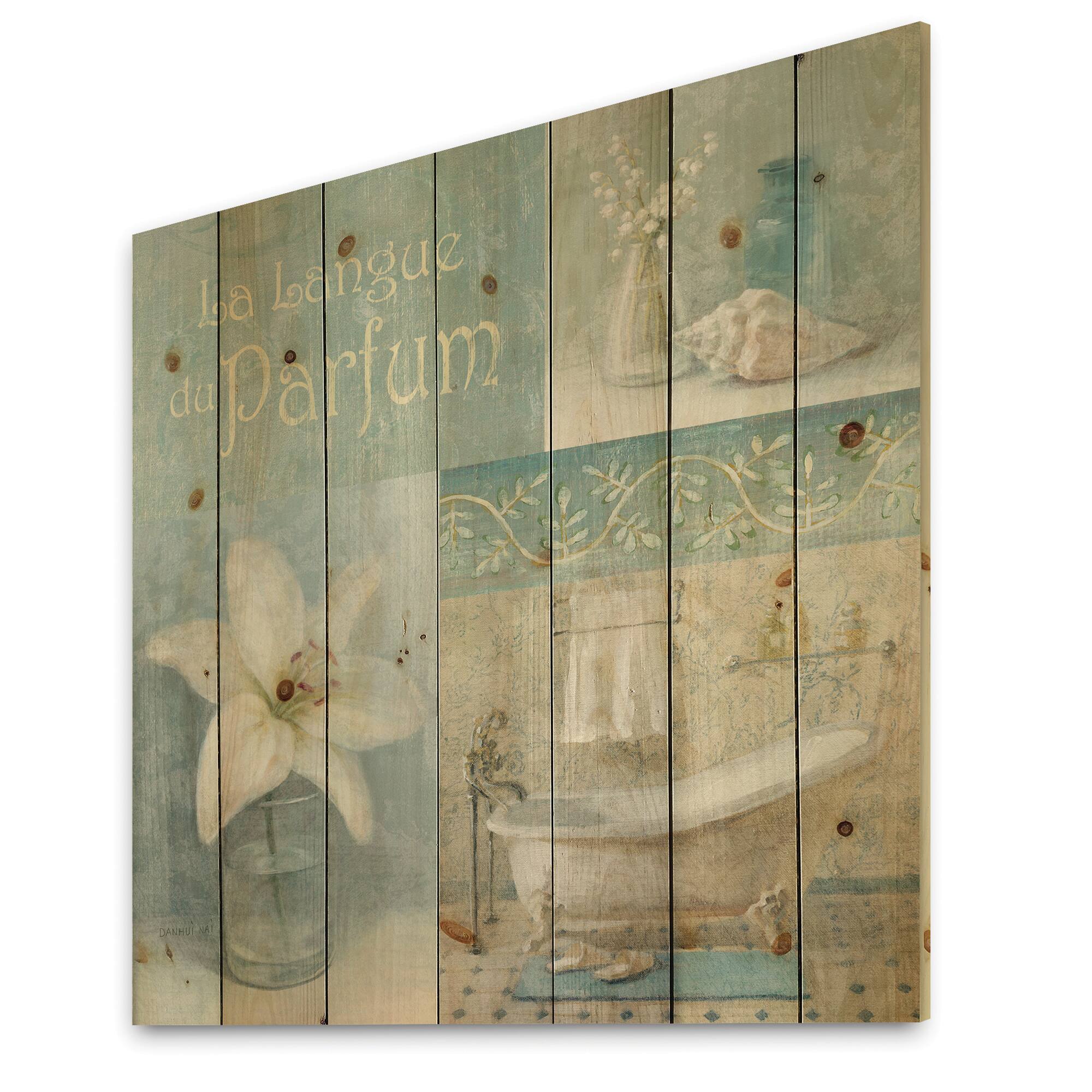 Designart - Bathroom Lily Parfum Bath Story - Traditional Print on Natural Pine Wood