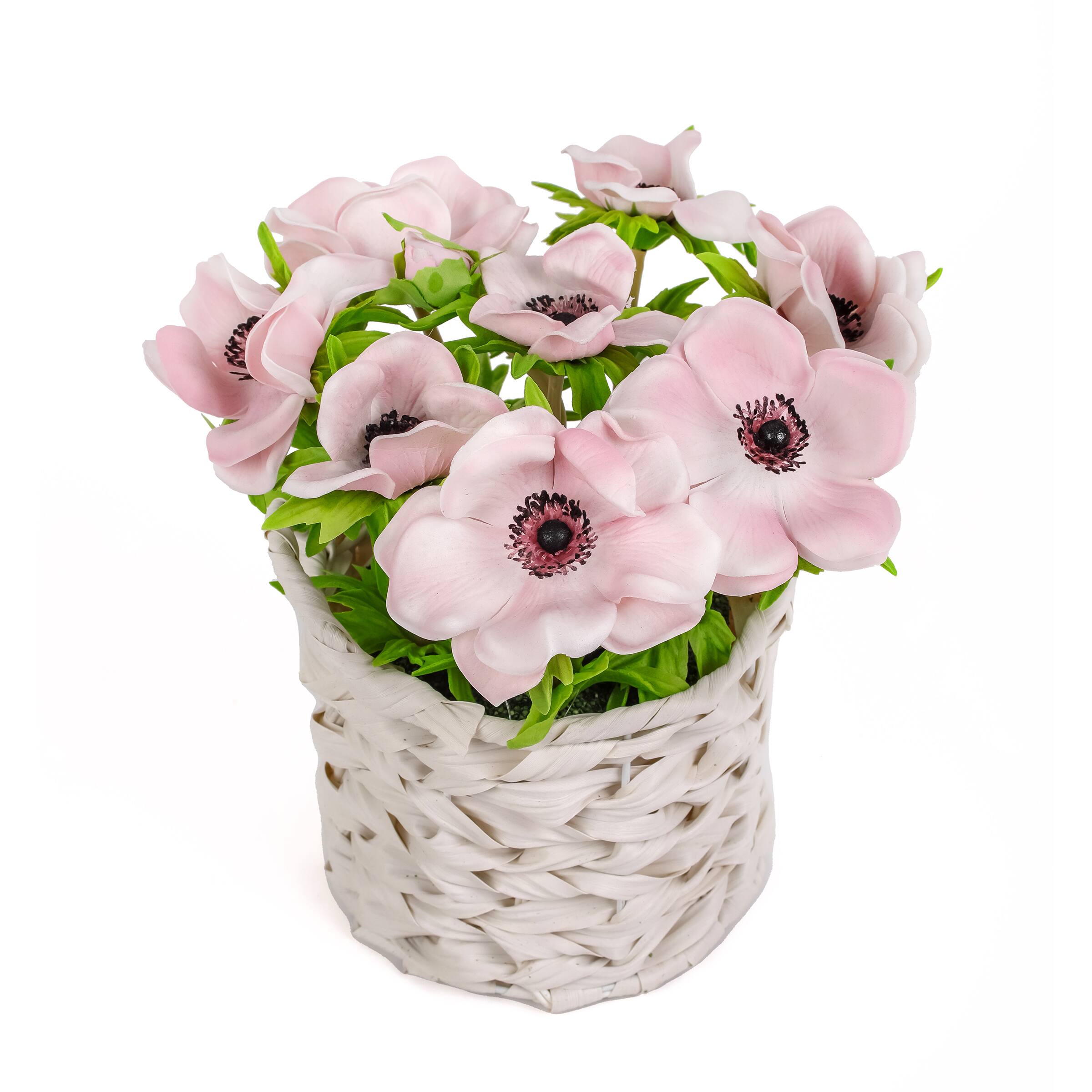 10" Anemone Flower Bouquet In White Basket
