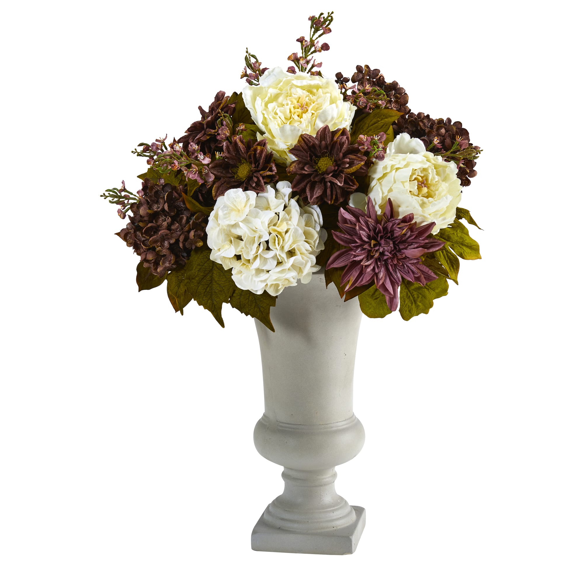 27" Peony, Hydrangea & Dahlia Arrangement in Sand Colored Urn