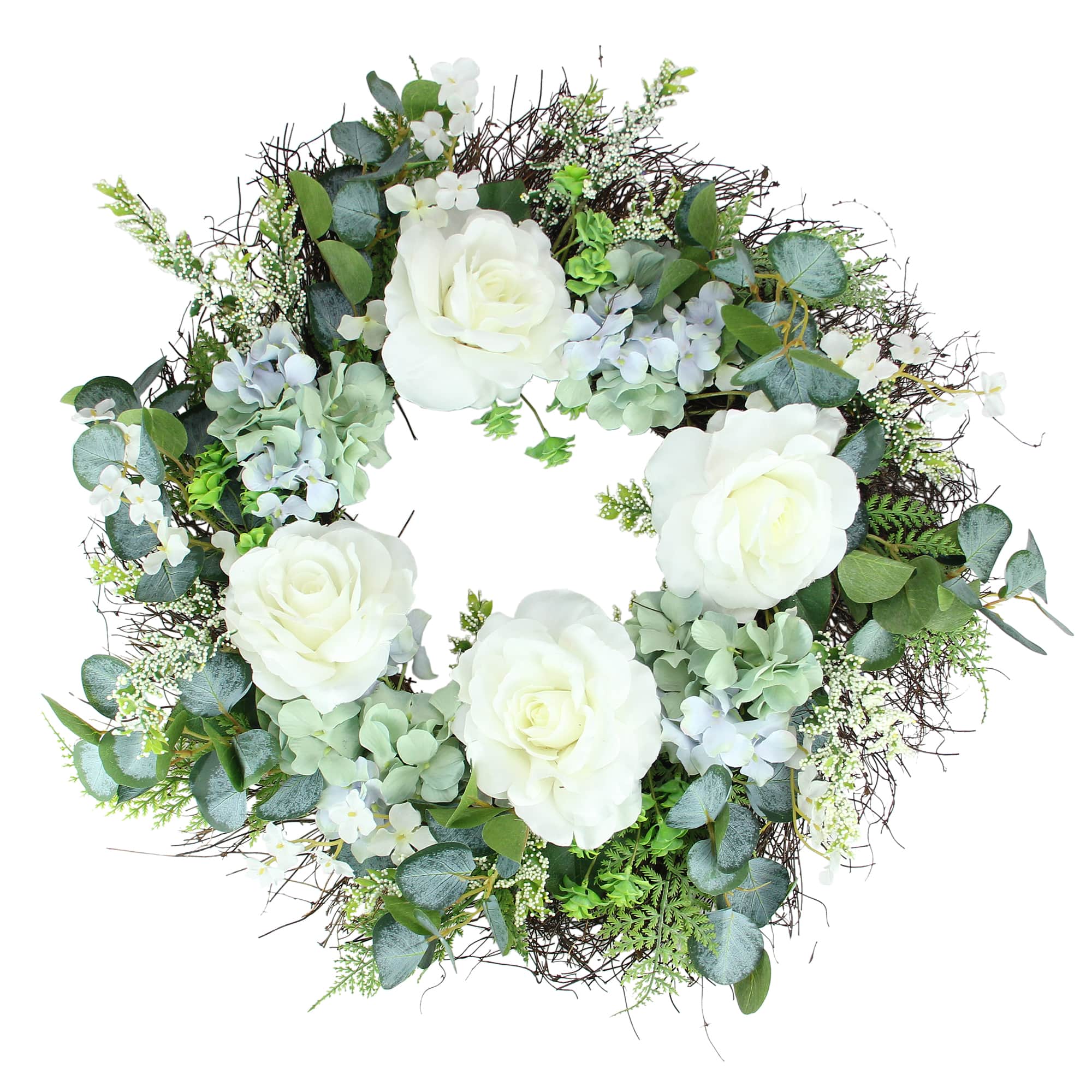 24" White & Blue Peony, Geranium & Eucalyptus Artificial Twig Spring Wreath