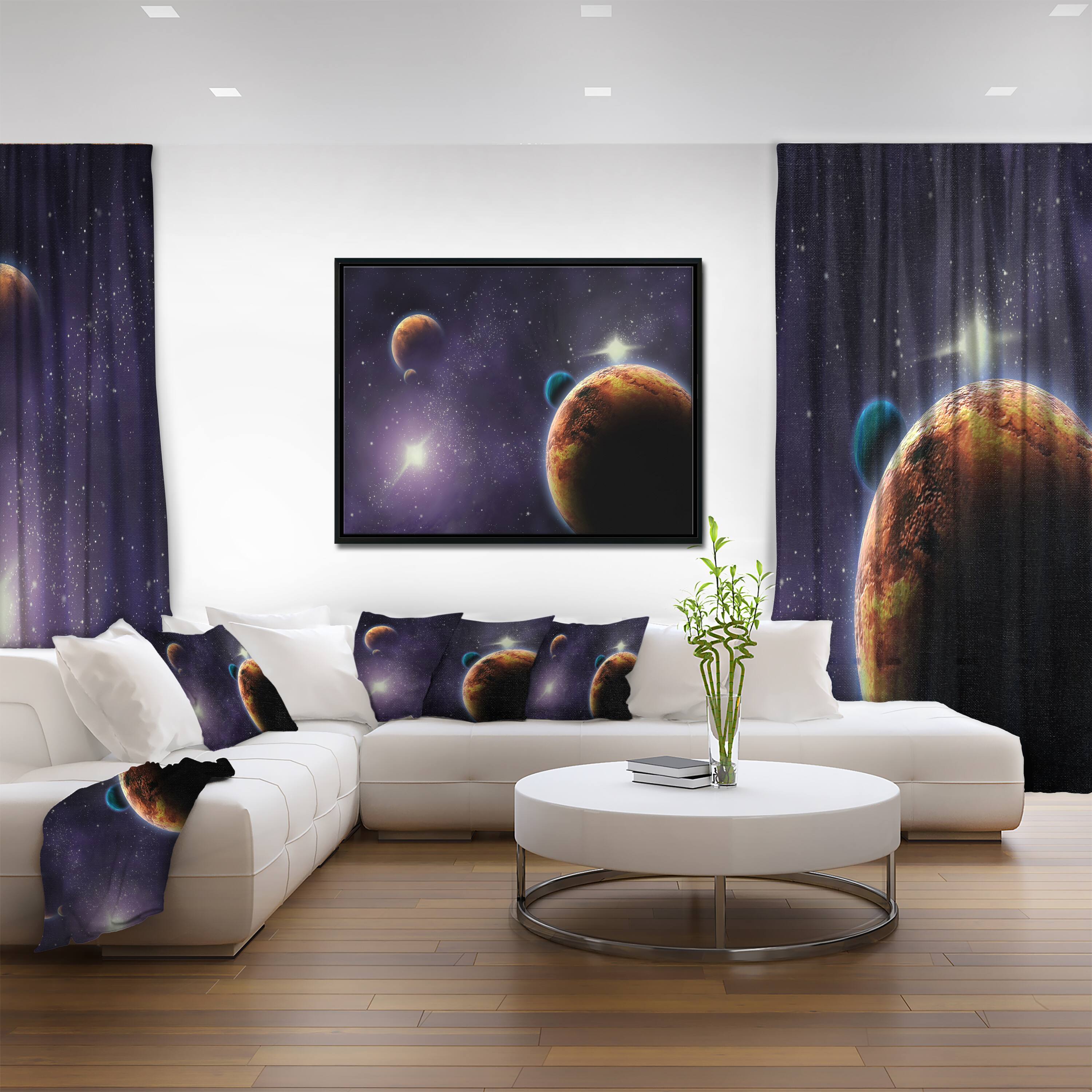 Designart - Planets in Deep Dark Space - Contemporary Canvas Artwork in Black Frame