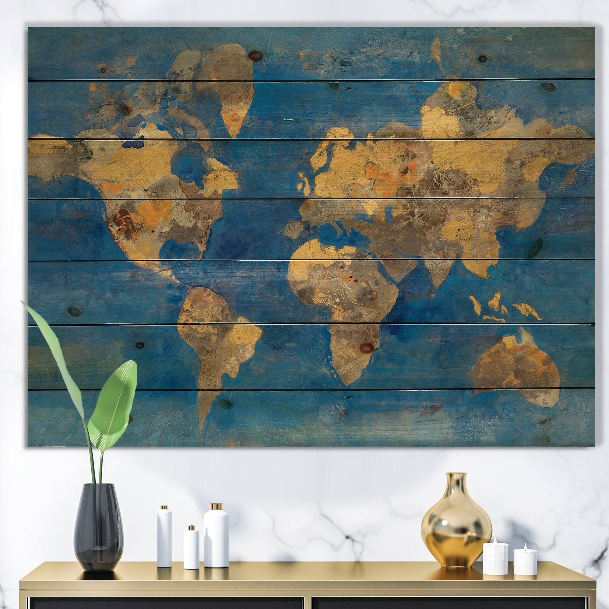 Designart - Golden Glam World Map - Traditional Print on Natural Pine Wood