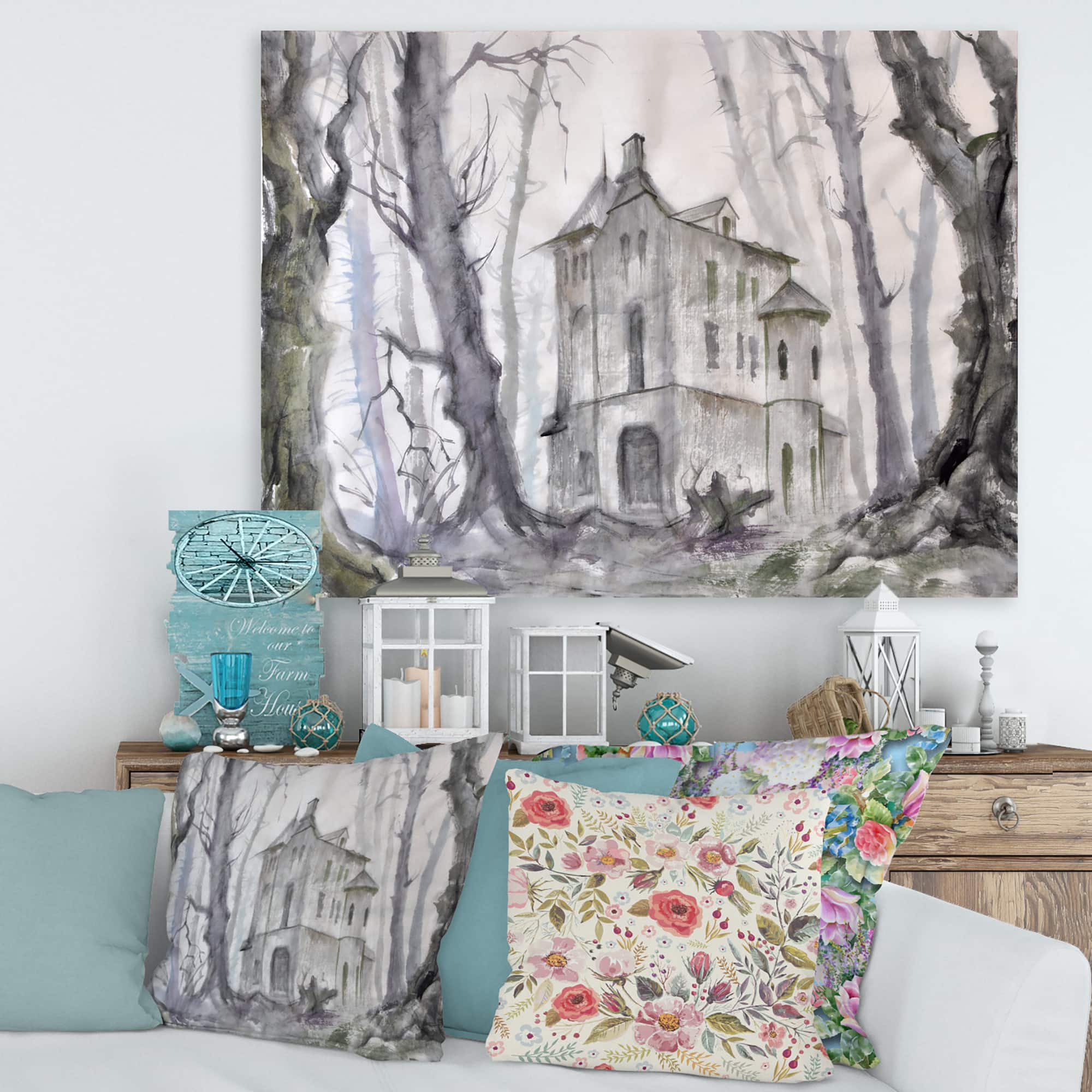 Designart - Haunted Castle In The Woods - Traditional Canvas Wall Art Print