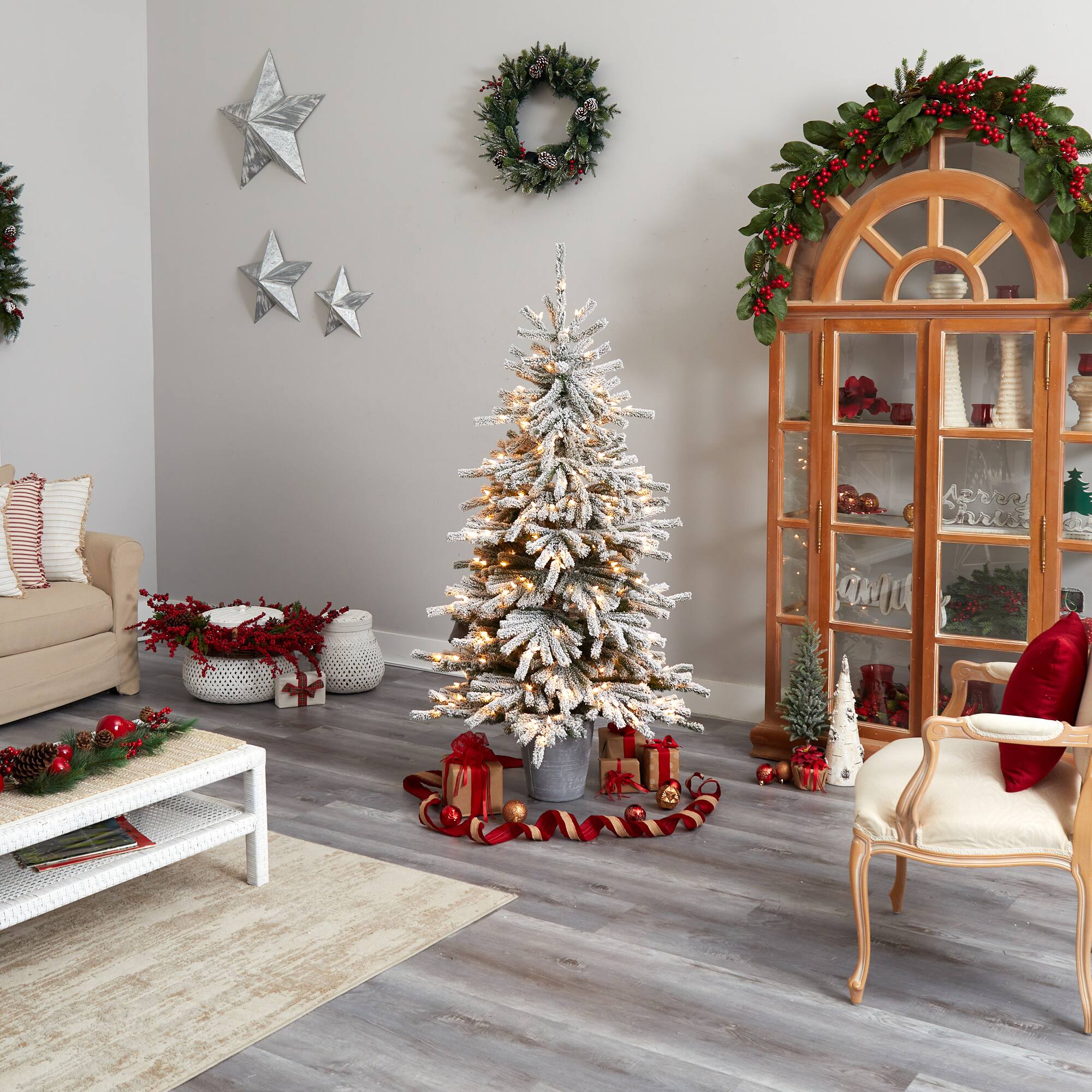 6ft. Pre-Lit Flocked Long Vermont Pine Artificial Christmas Tree in Decorative Planter, White LED Lights