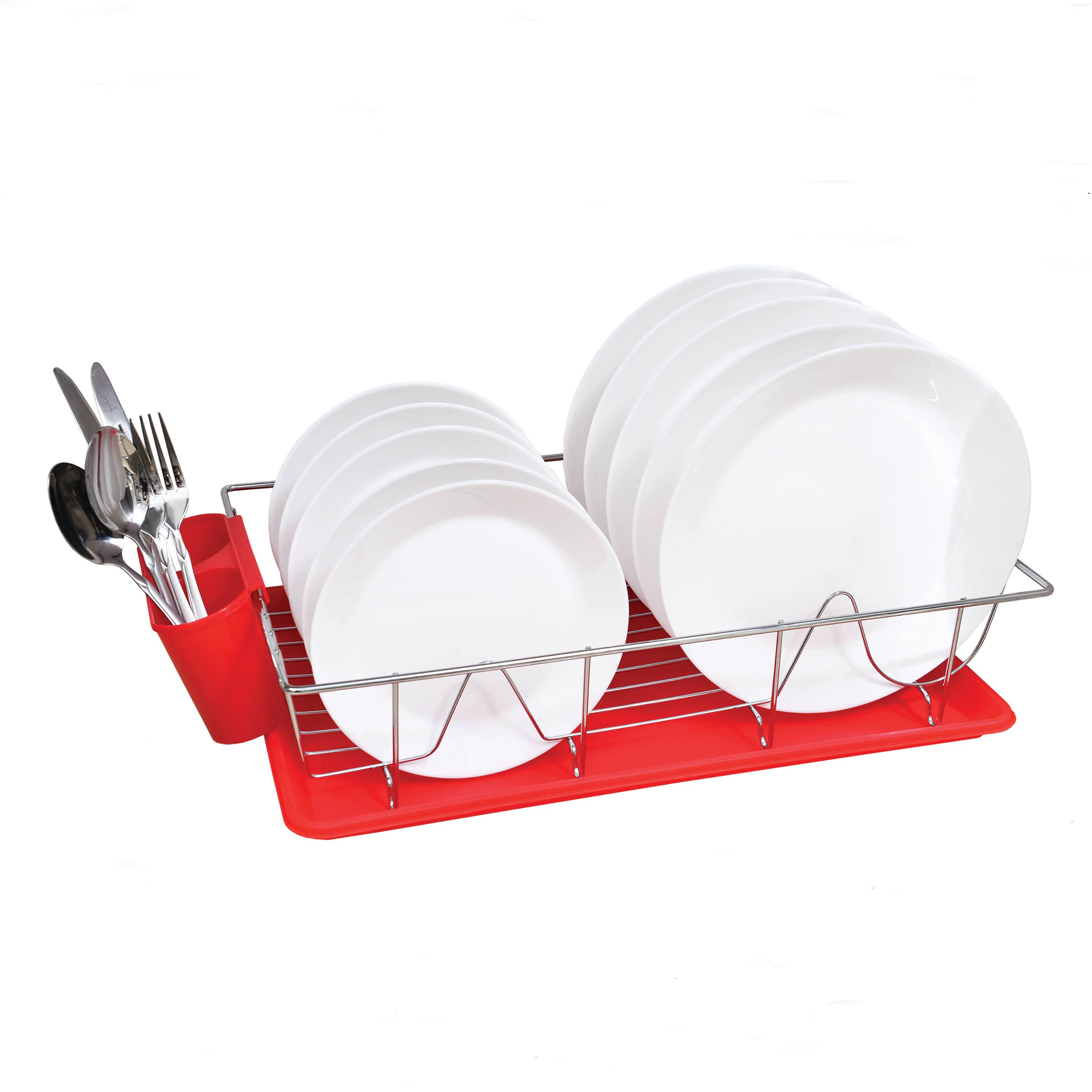 Kitchen Details Red 3-Piece Chrome Dish Rack with Tray
