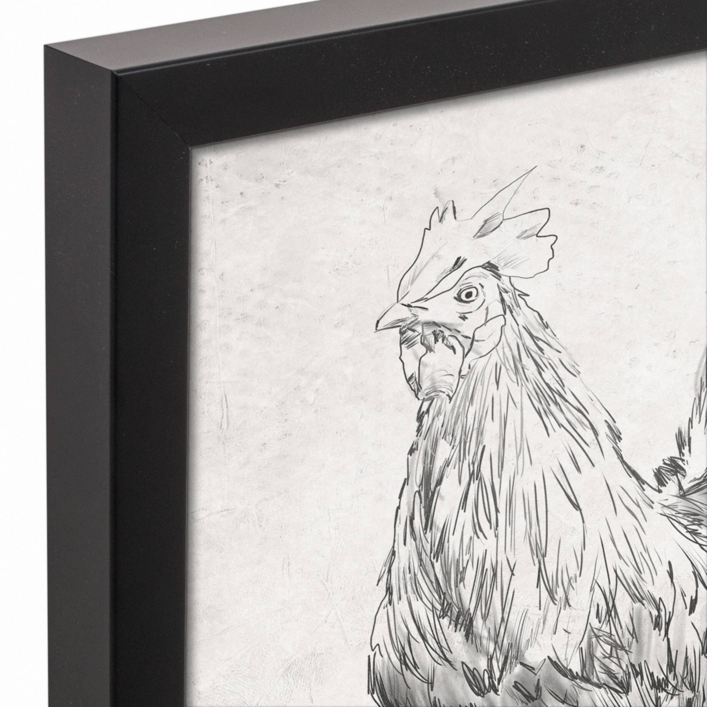Sketched Black Chicken Canvas Wall Art in Black Frame