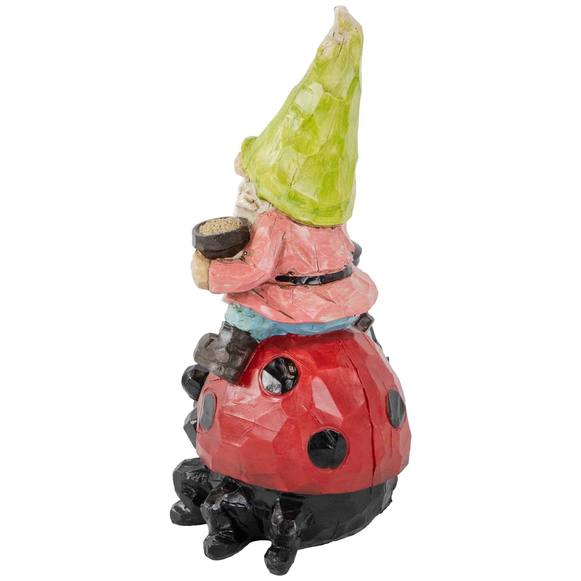 12.25&#x22; Solar LED-Lit Gnome &#x26; Ladybug Outdoor Garden Statue