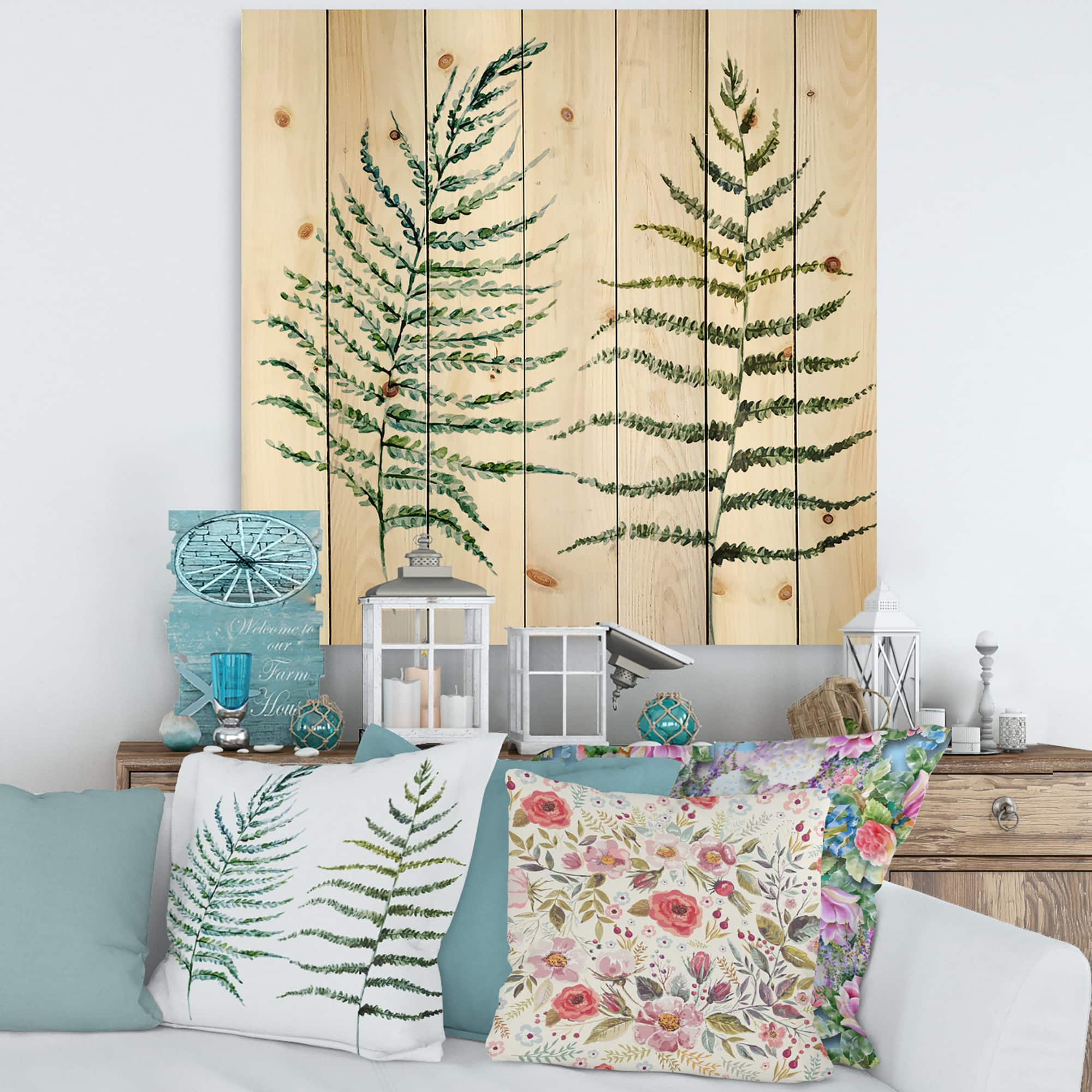 Designart - Two Fern Leaves - Farmhouse Print on Natural Pine Wood