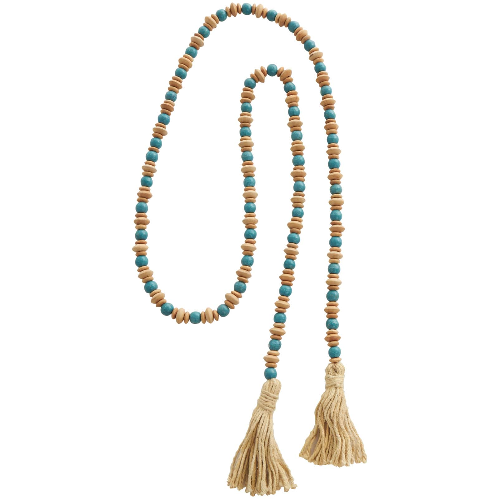 7ft. Teal Mango Wood Handmade Round Long Carved Beaded Garland with Tassel