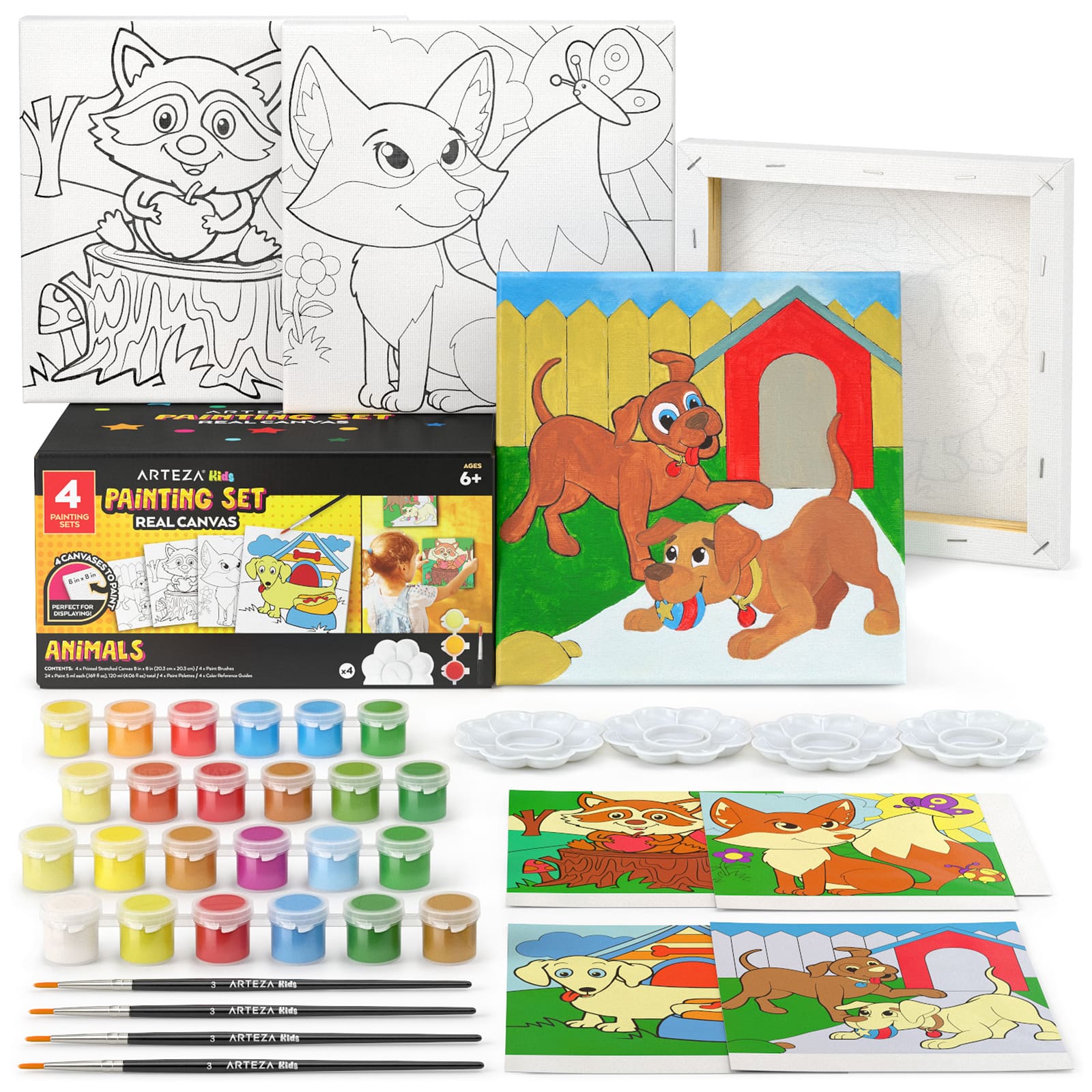 Arteza&#xAE; Kids Canvas Paint Kit, 4 8x8 Canvas with Brushes &#x26; Paints Animals