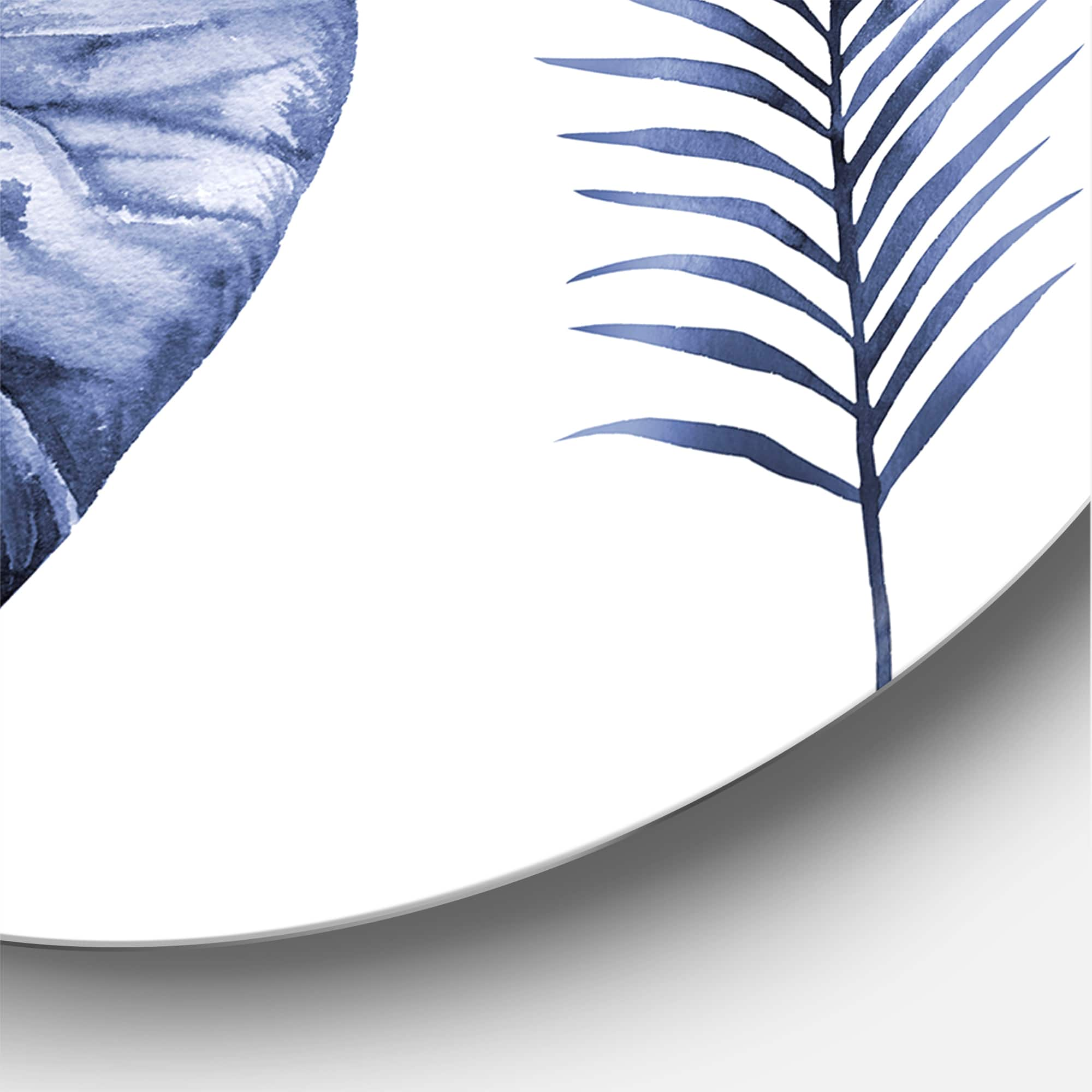 Designart - Tropical Blue Watercolour Leaves I - Farmhouse Metal Circle Wall Art