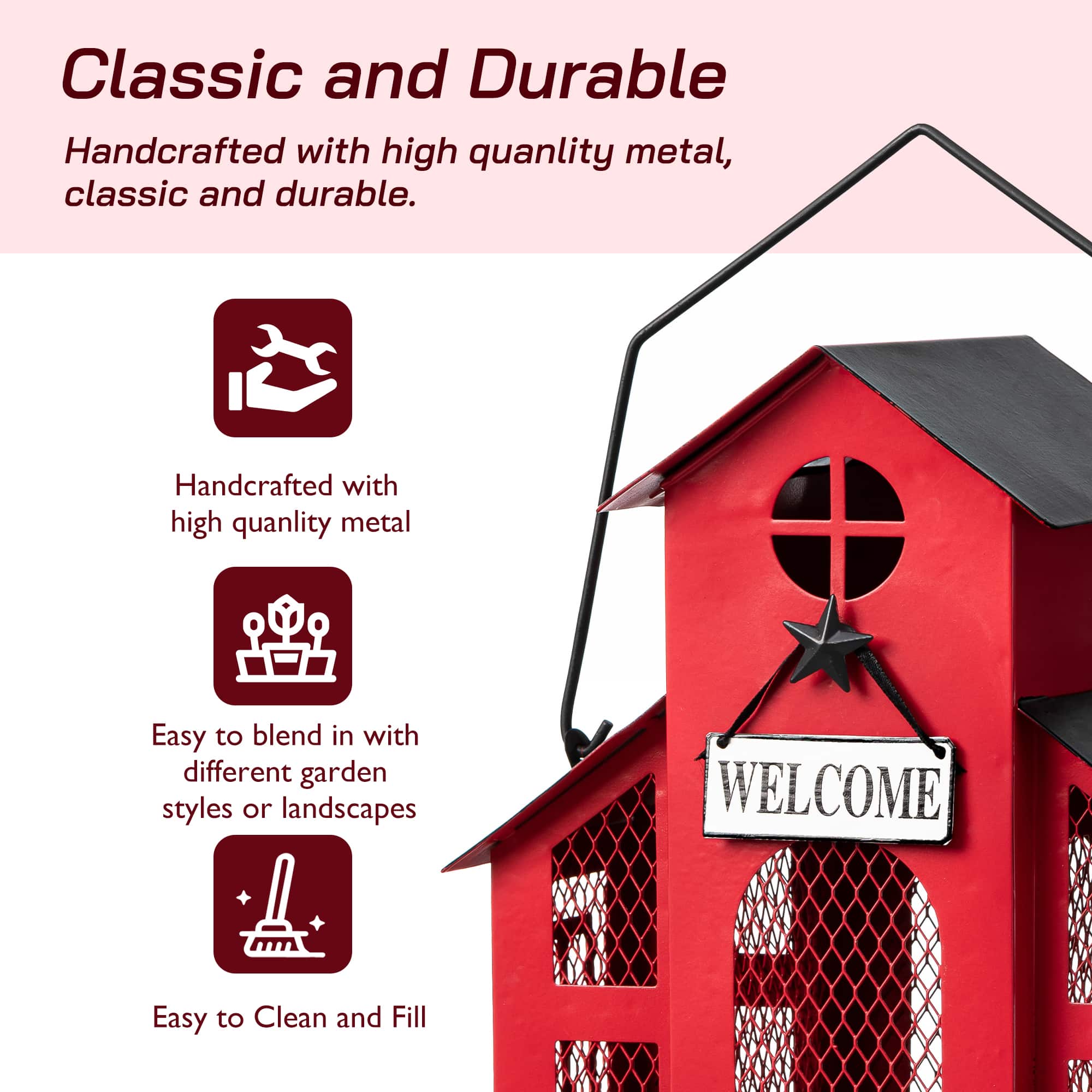 Glitzhome&#xAE; 12&#x22; Red Metal Barn Hanging Bird Feeder