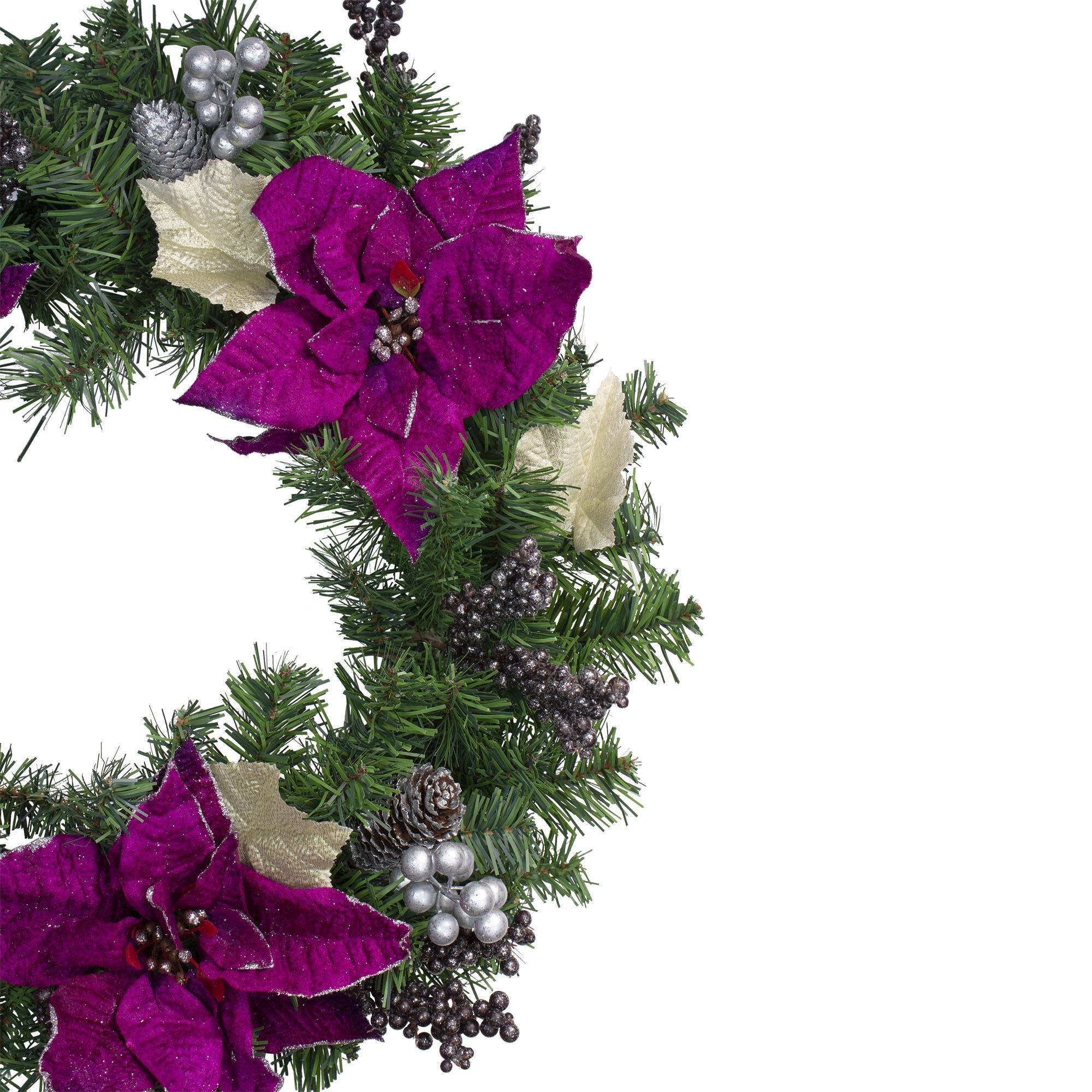 24" Two-Tone Pine with Purple Poinsettias & Berries Wreath