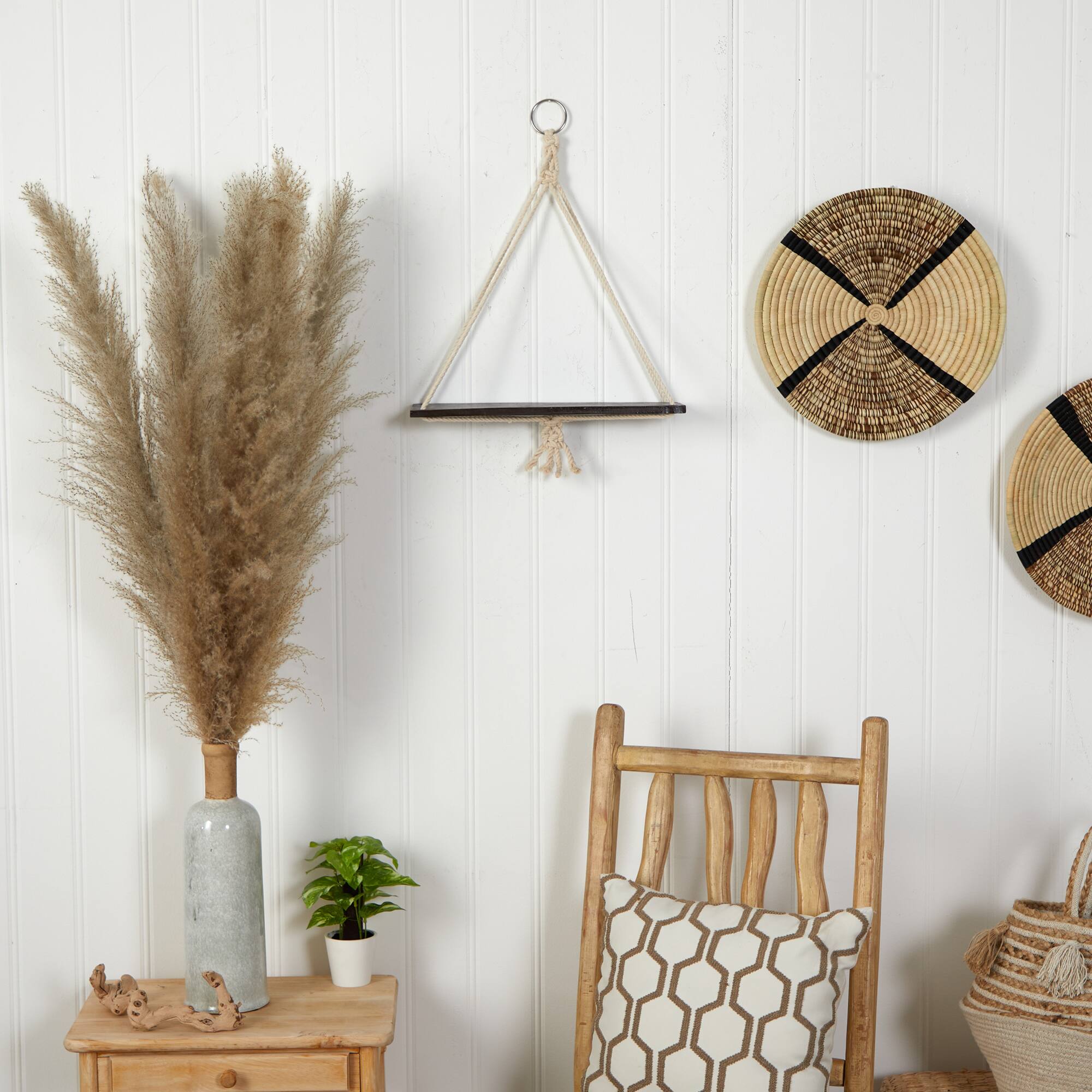 18&#x22; x 16&#x22; Hand Crafted Macrame Wall Hanging with Wooden Shelf