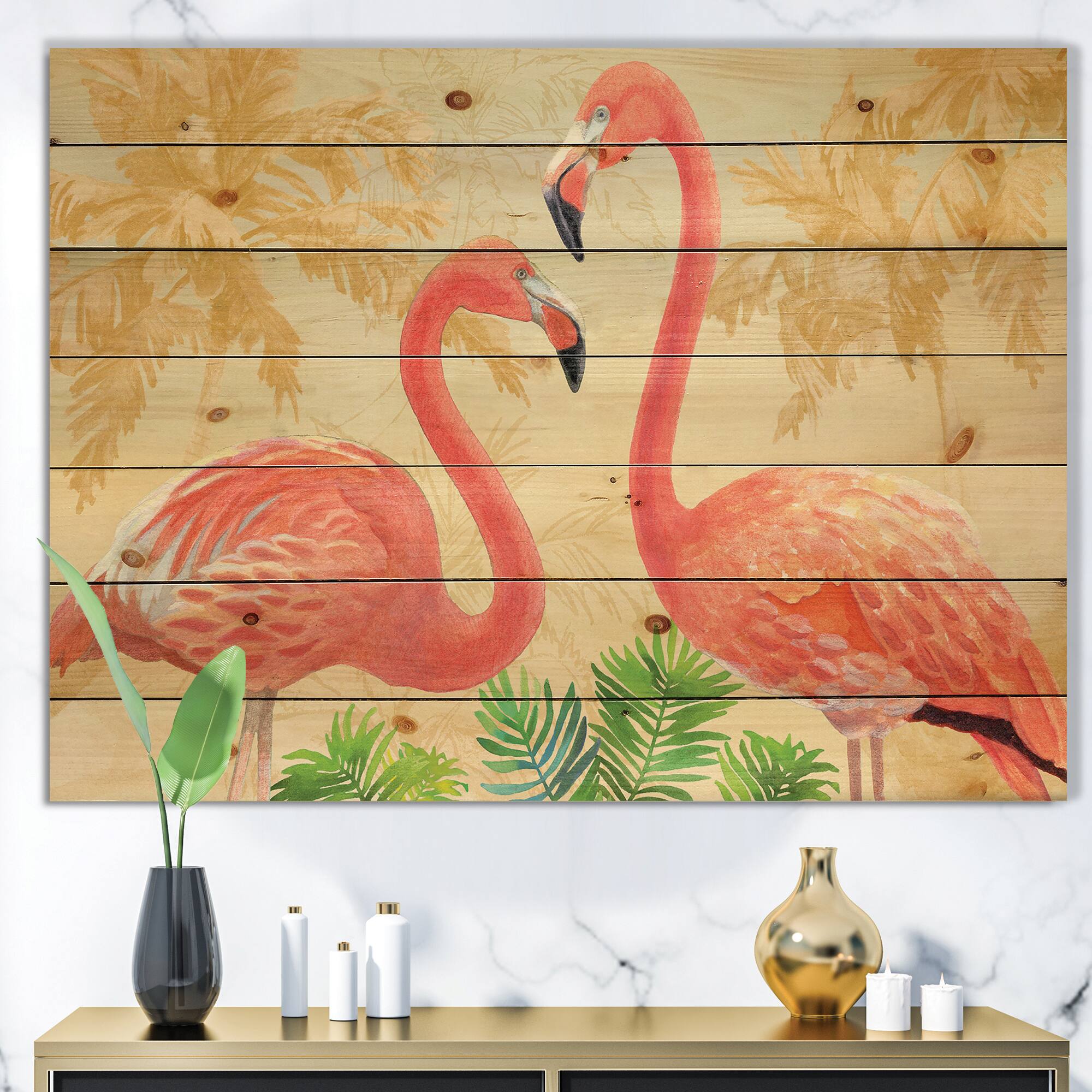 Designart - Gold Glam Flamingos - Animals Print on Natural Pine Wood