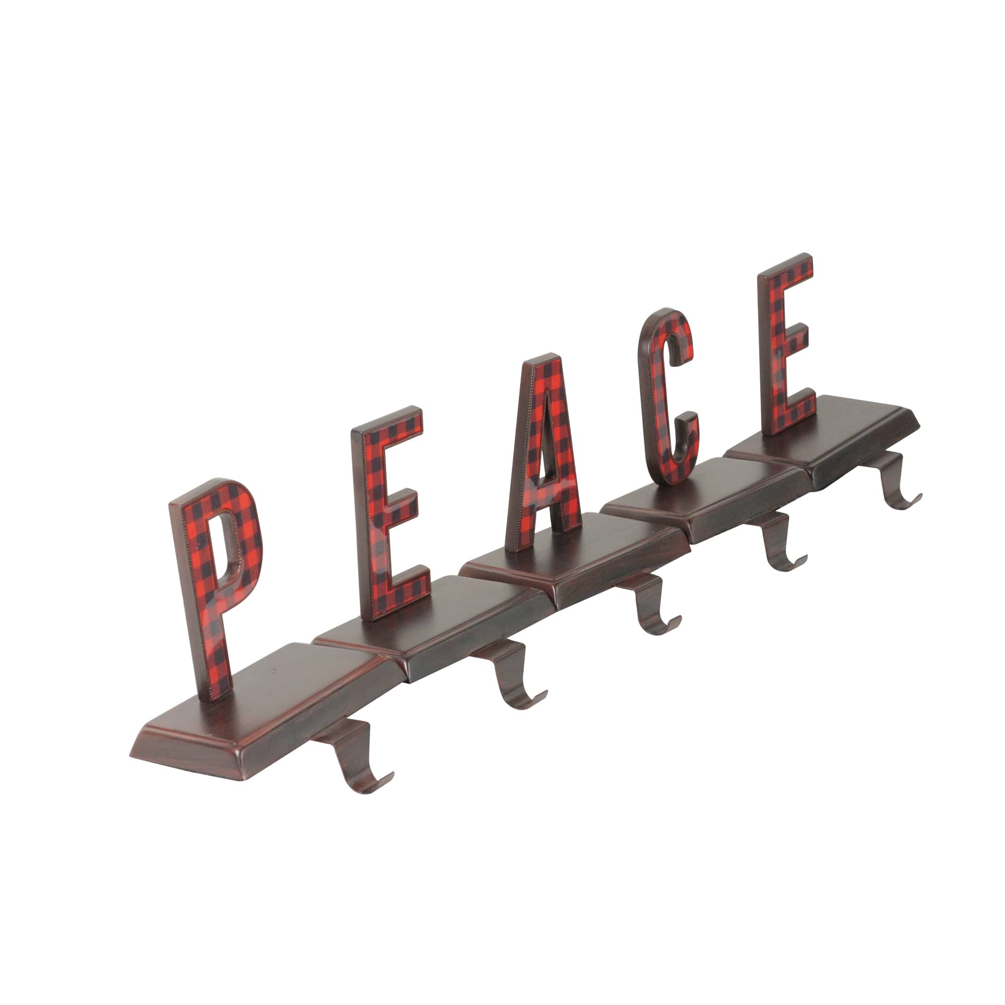 6&#x22; Red &#x26; Black Buffalo Plaid Peace Christmas Stocking Holder Set