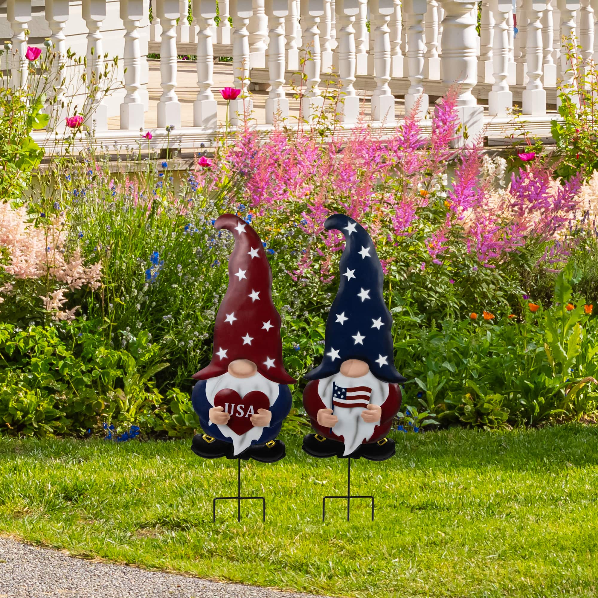 27.5&#x22; USA Patriotic Gnome Garden Stake Set