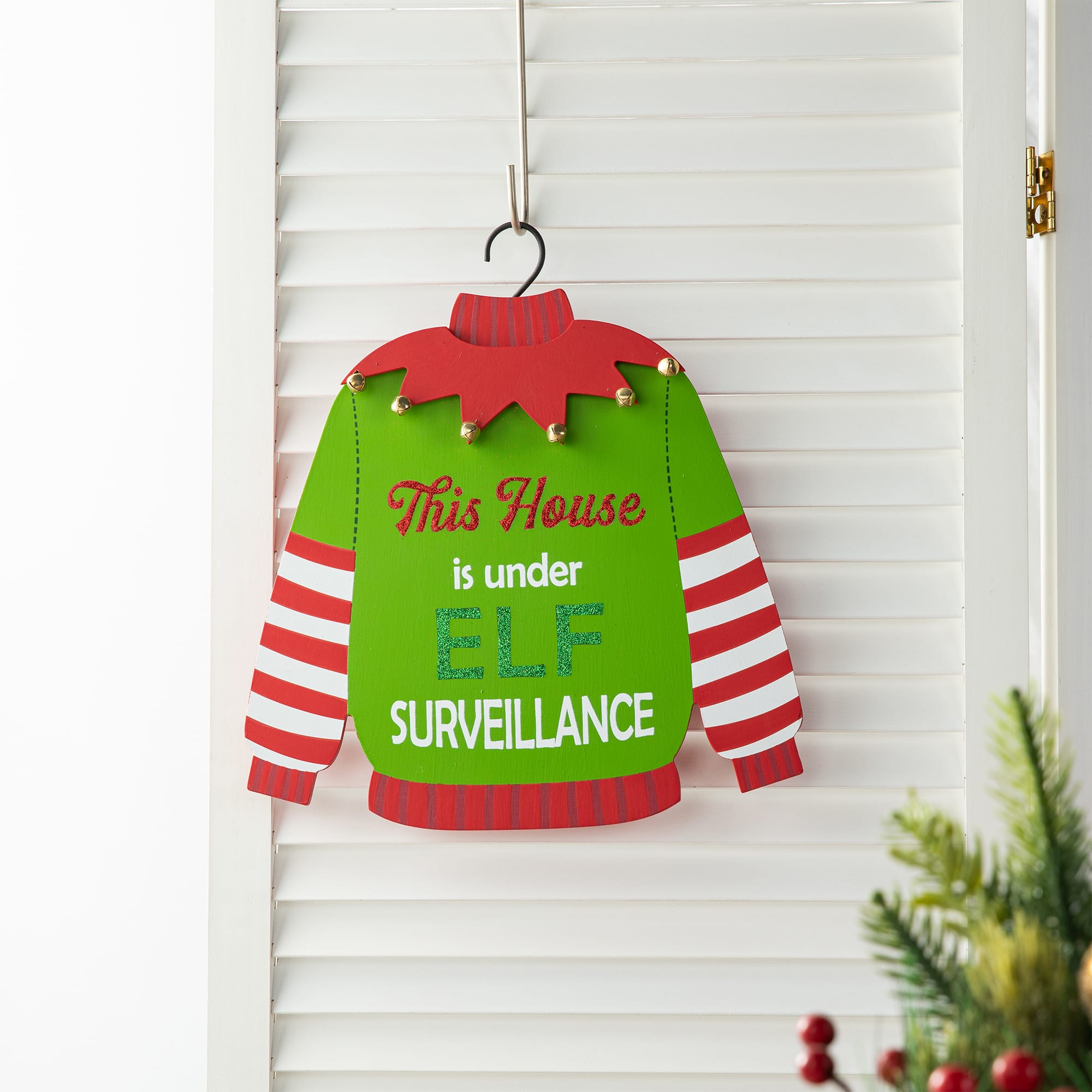 Glitzhome&#xAE; 13.25&#x22; Christmas Elf Sweater Sign Door Hanger