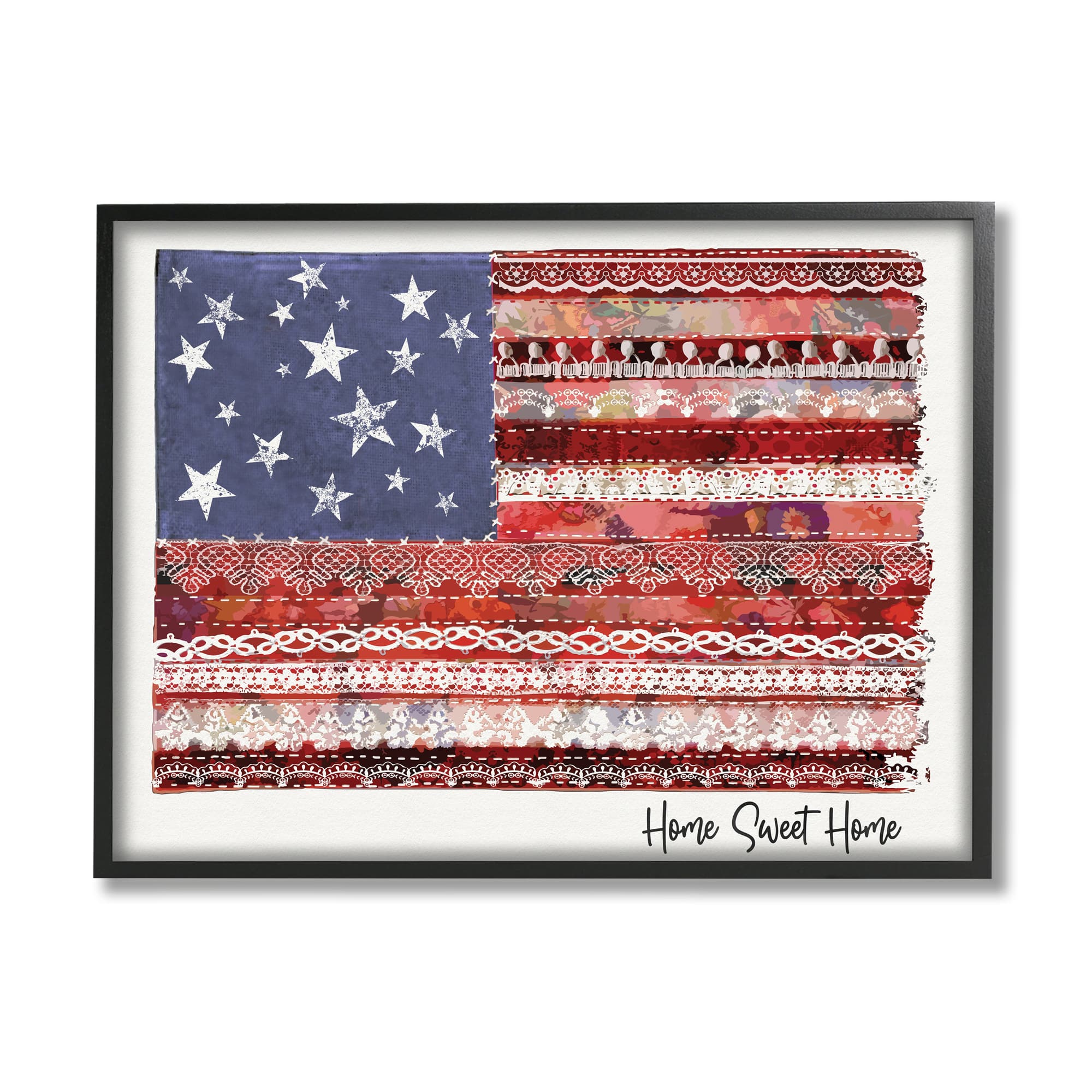 Stupell Industries Home Sweet Home Phrase Lace Pattern American Flag in Black Frame Wall Art