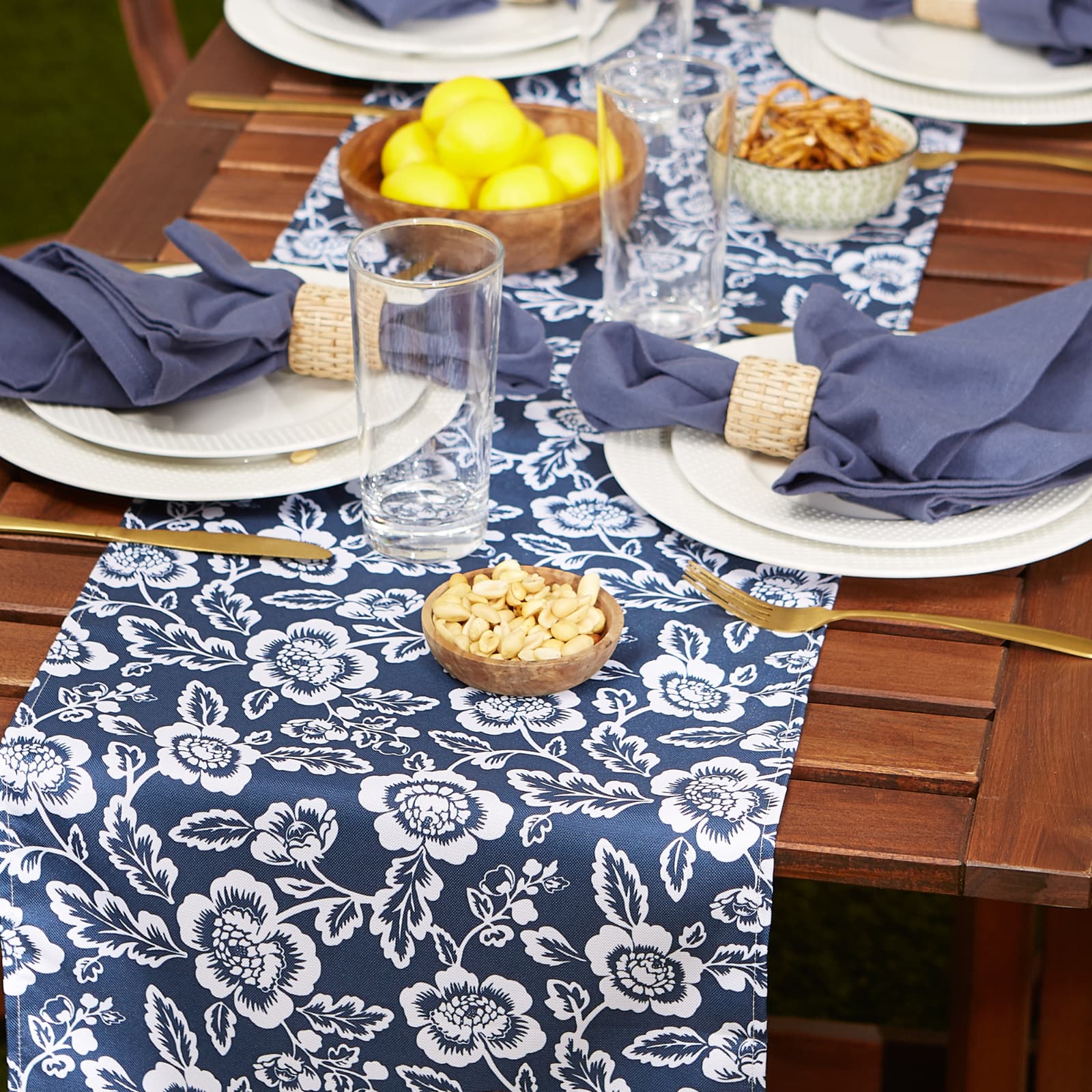 Nautical Blue  Floral Print Outdoor Table Runner, 14" x 72"