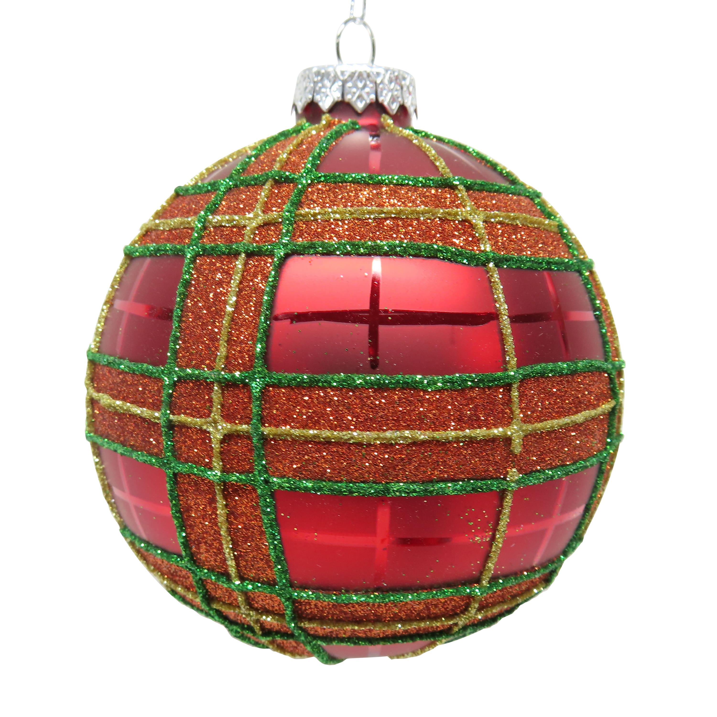 4&#x22; Red Glitter Plaid Glass Ball Ornament by Ashland&#xAE;