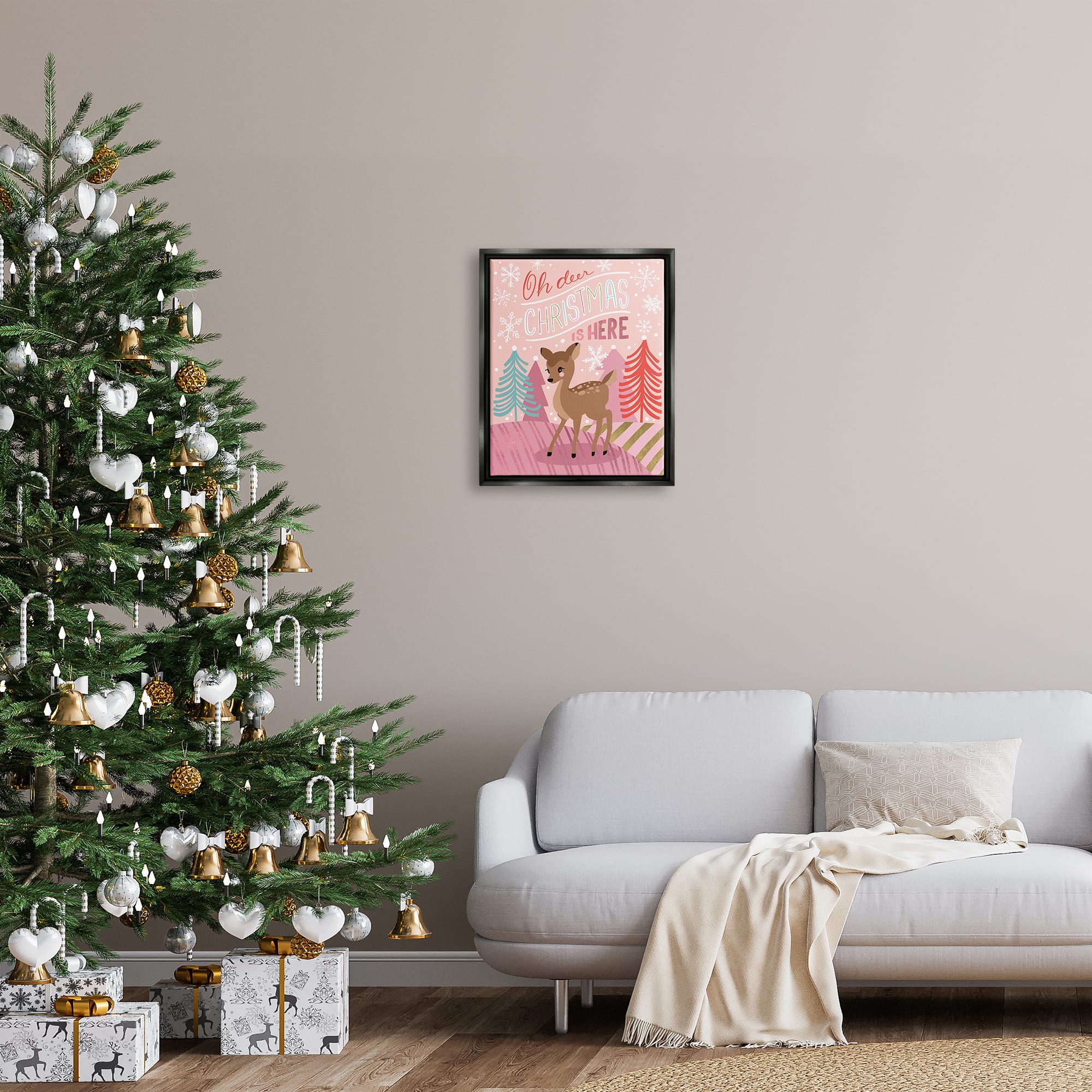 Stupell Industries Oh Deer Christmas Is Here Phrase Framed Floater Canvas Wall Art